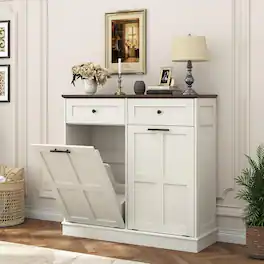 Espafurni - Double 26-Gallon Trash Can Cabinet, Farmhouse Tilt-Out Garbage Bin with Drawers & Laundry Hamper