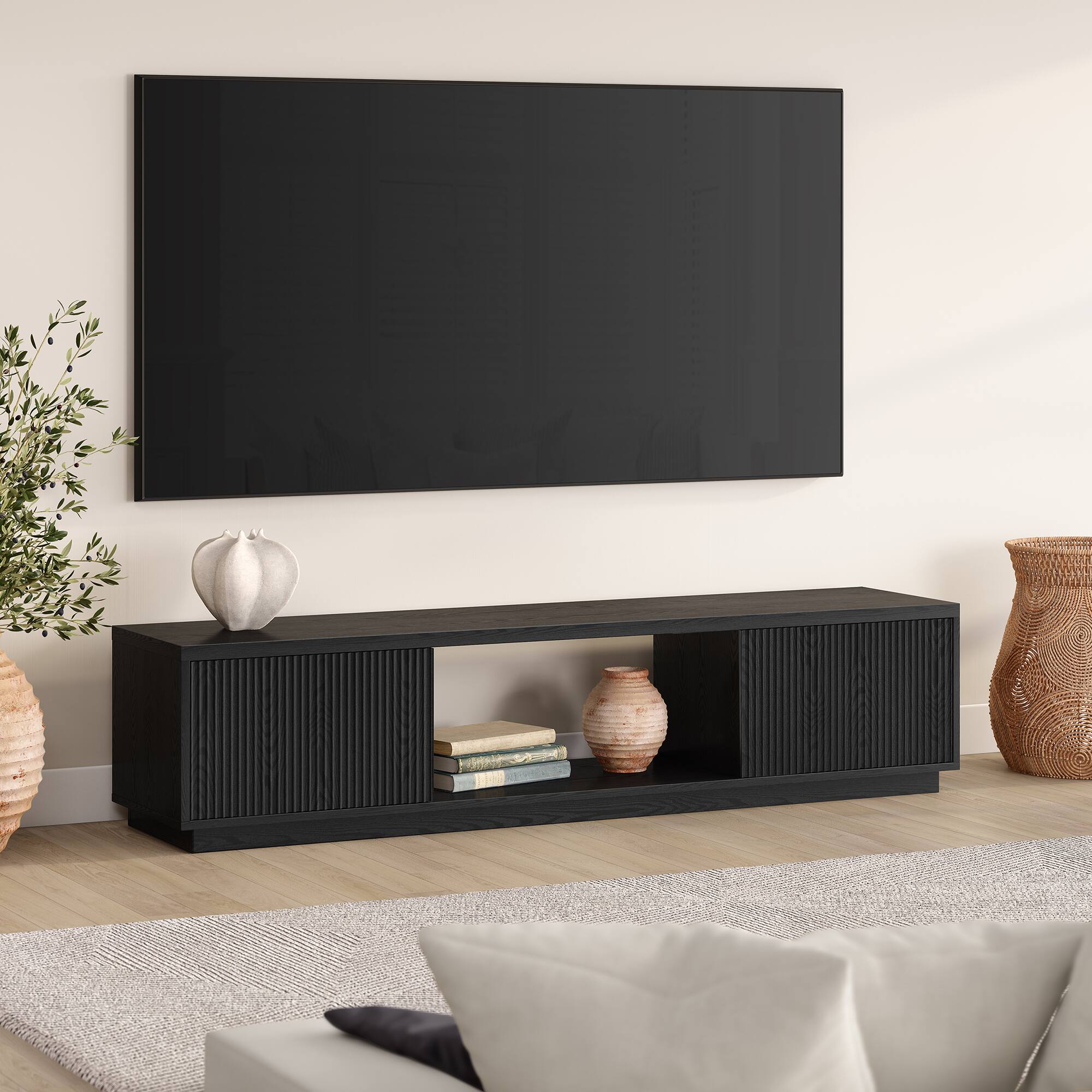 Alt View 3. Hudson&Canal - Dorian Rectangular Fluted TV Stand for TV's up to 78" in Black Grain - Black Grain.