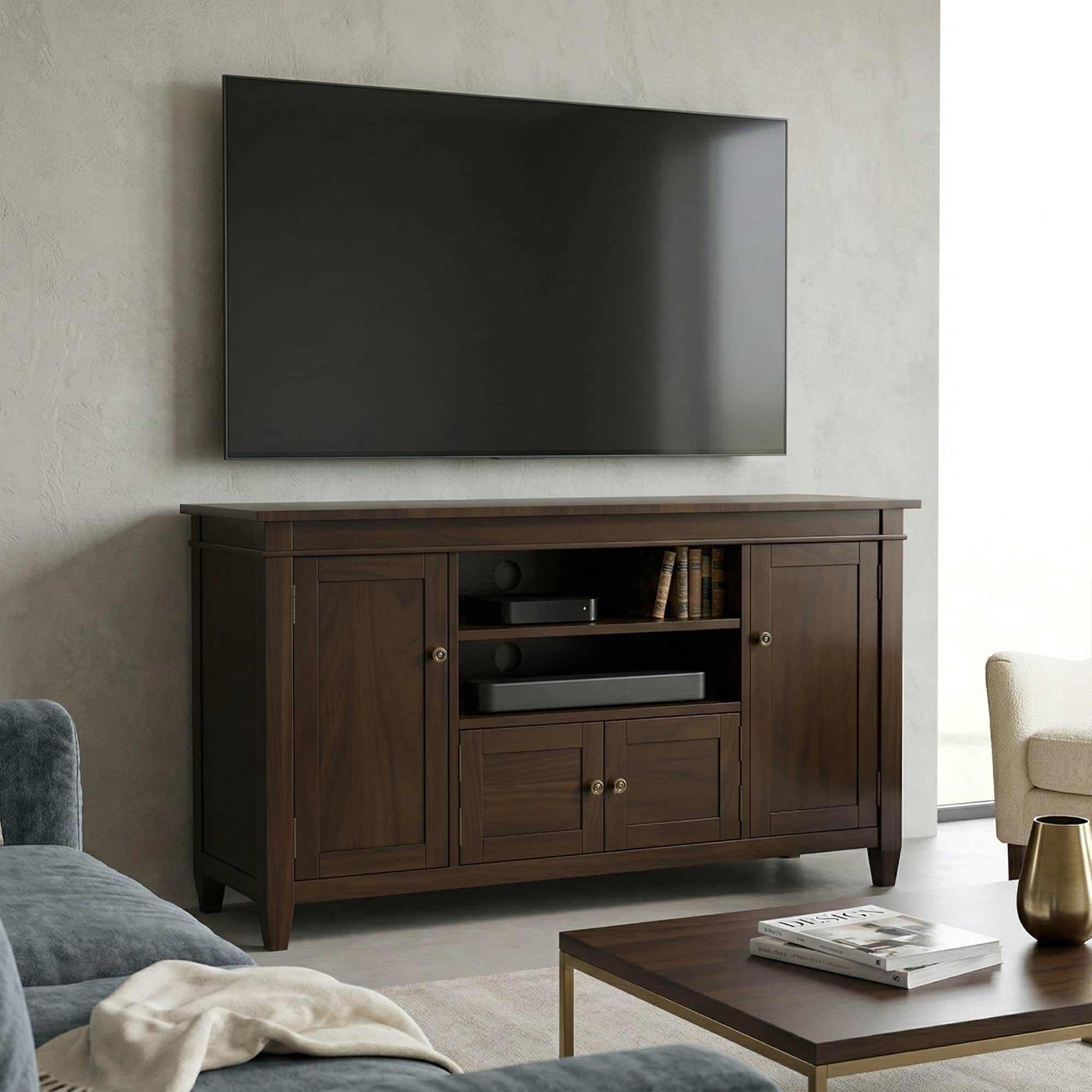 Front. Simpli Home - Simpli Home Carlton TV Media Stand - Dark Tobacco Brown.