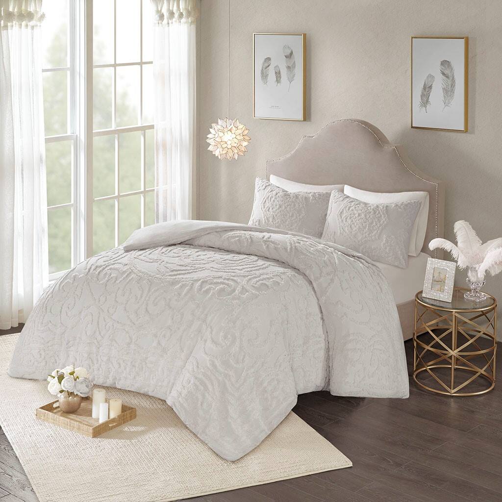 Alt View 1. Gracie Mills - Gracie Mills Ray 3-Piece Boho Chic Tufted Cotton Chenille Medallion Duvet Set - Grey.