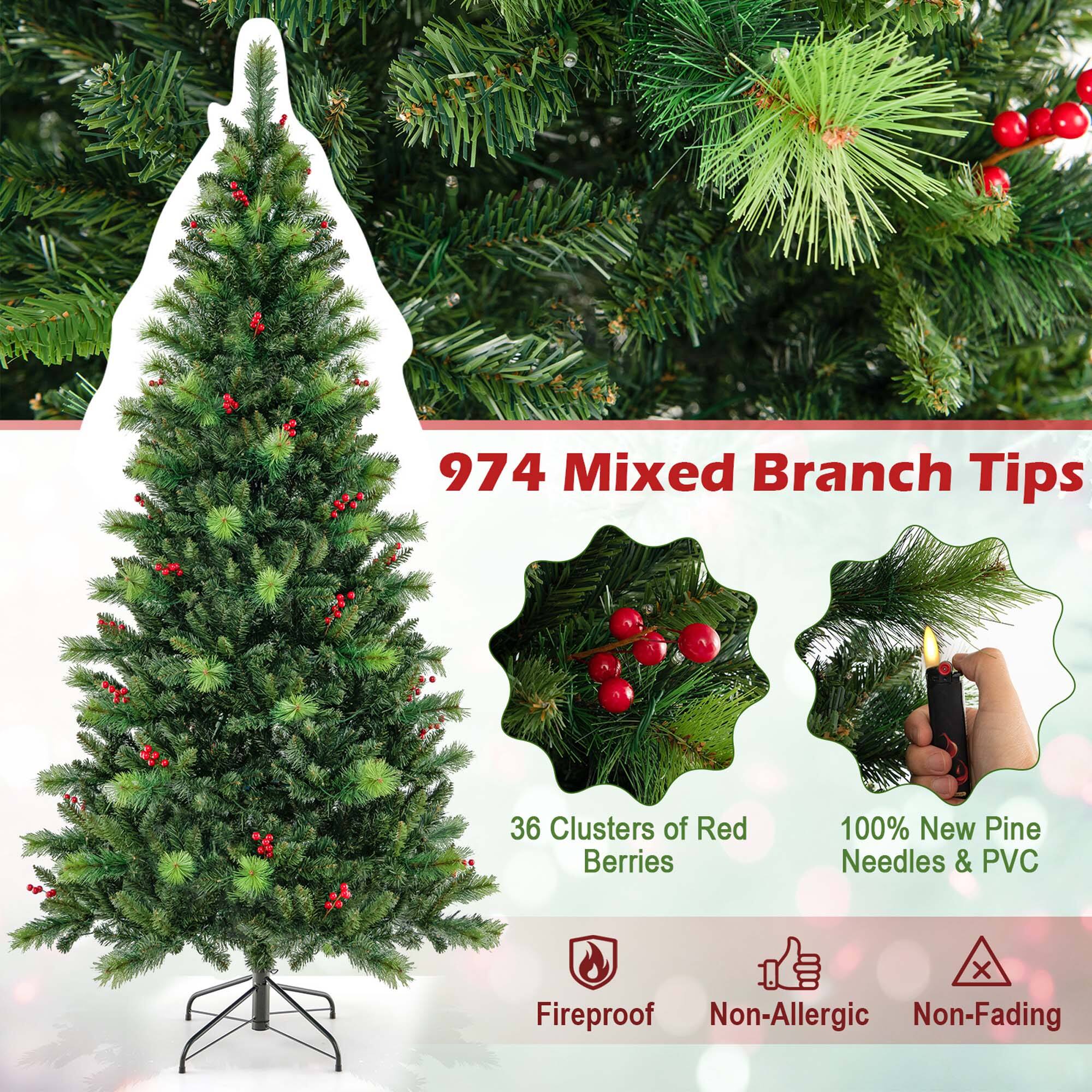 974 Mixed Branch Tips: 36 Clusters of Red Berries, 100% New Pine Needles & PVC, Fireproof, Non-Allergic, Non-Fading