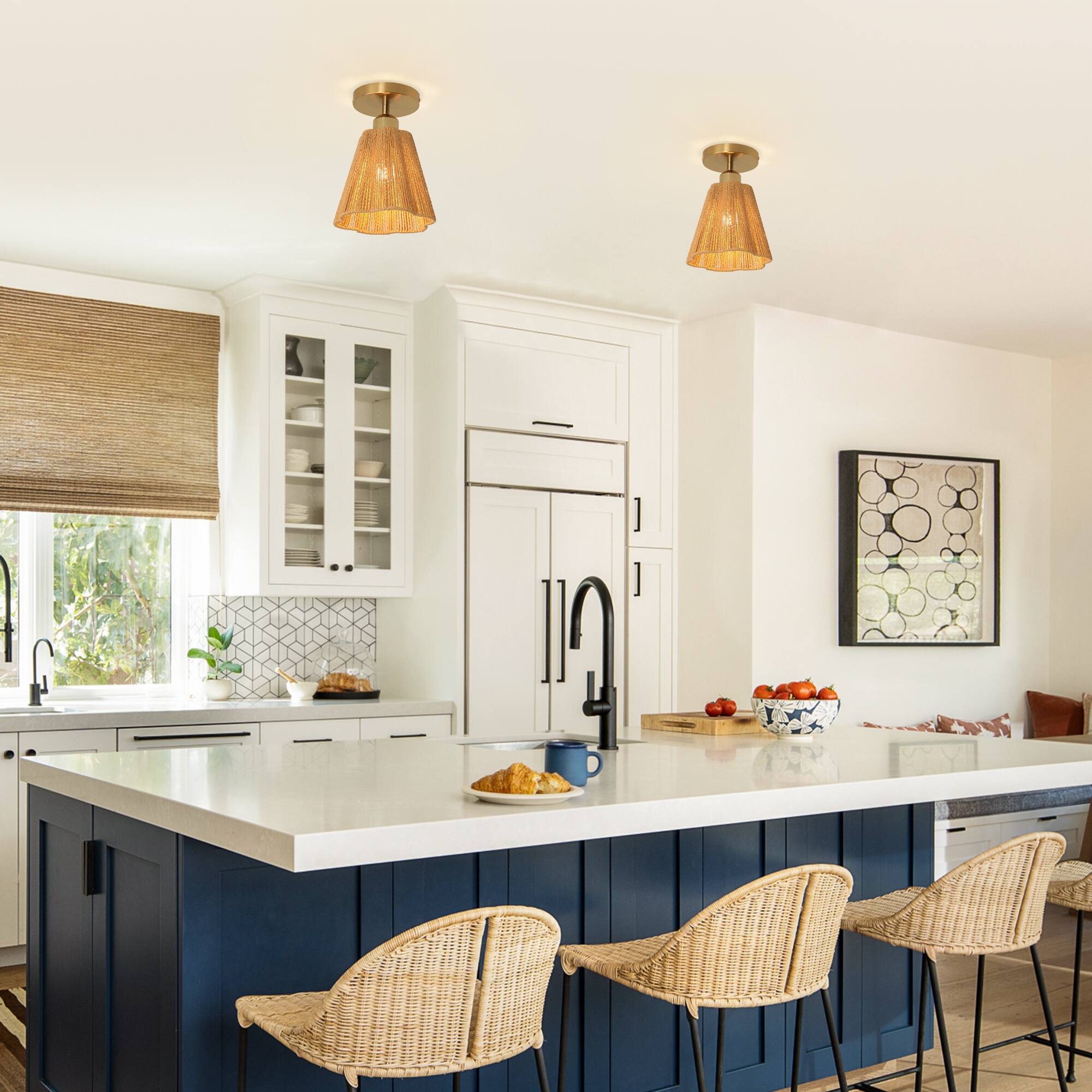 Angle. Parrot Uncle - 7.3" Boho Copper Hemp Paper Rope Flush Mount Ceiling Light Fixture for Bedroom and Dining Room - Gold.