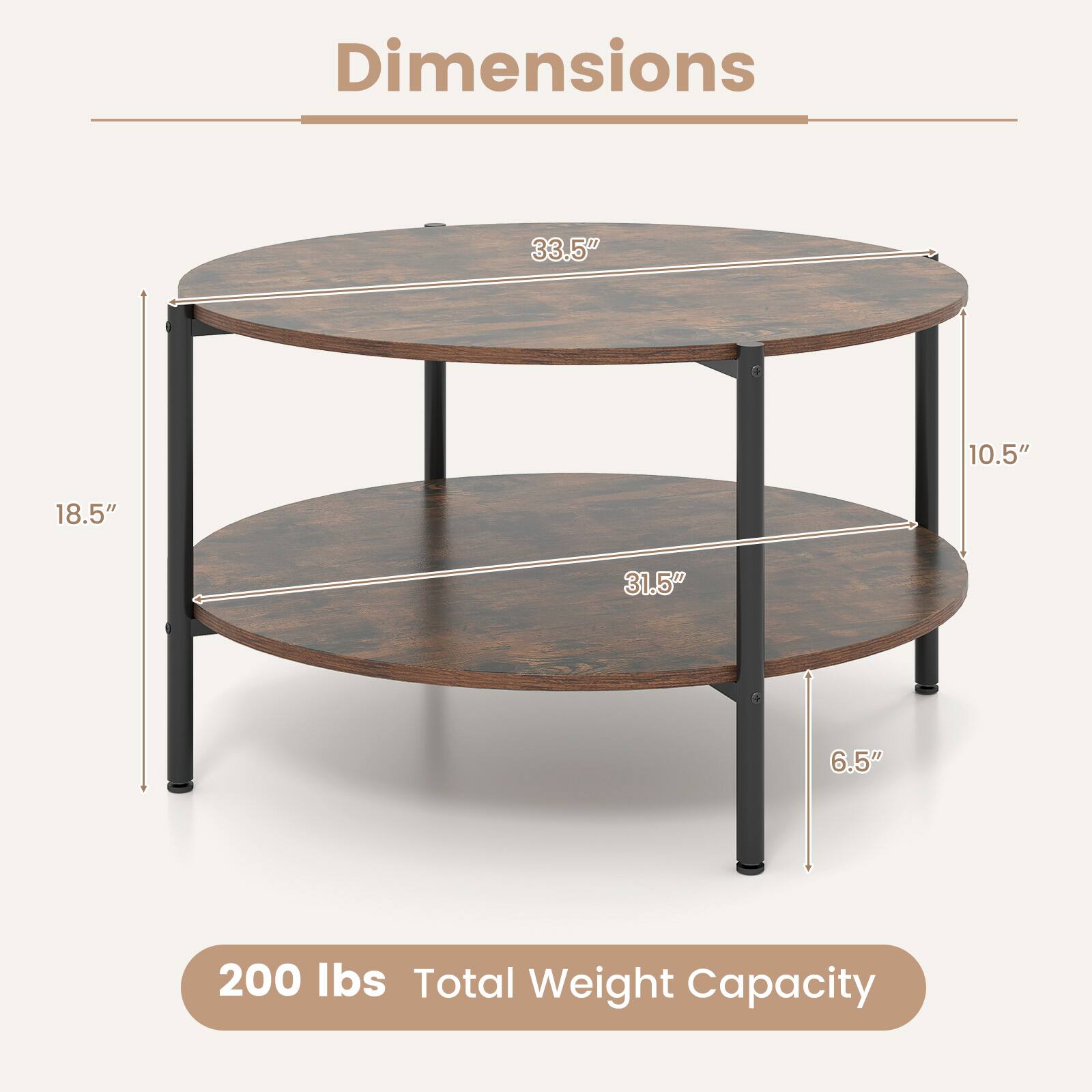 Dimensions: 33.5" x 10.5" x 18.5" x 31.5" x 6.5"  
Total Weight Capacity: 200 lbs