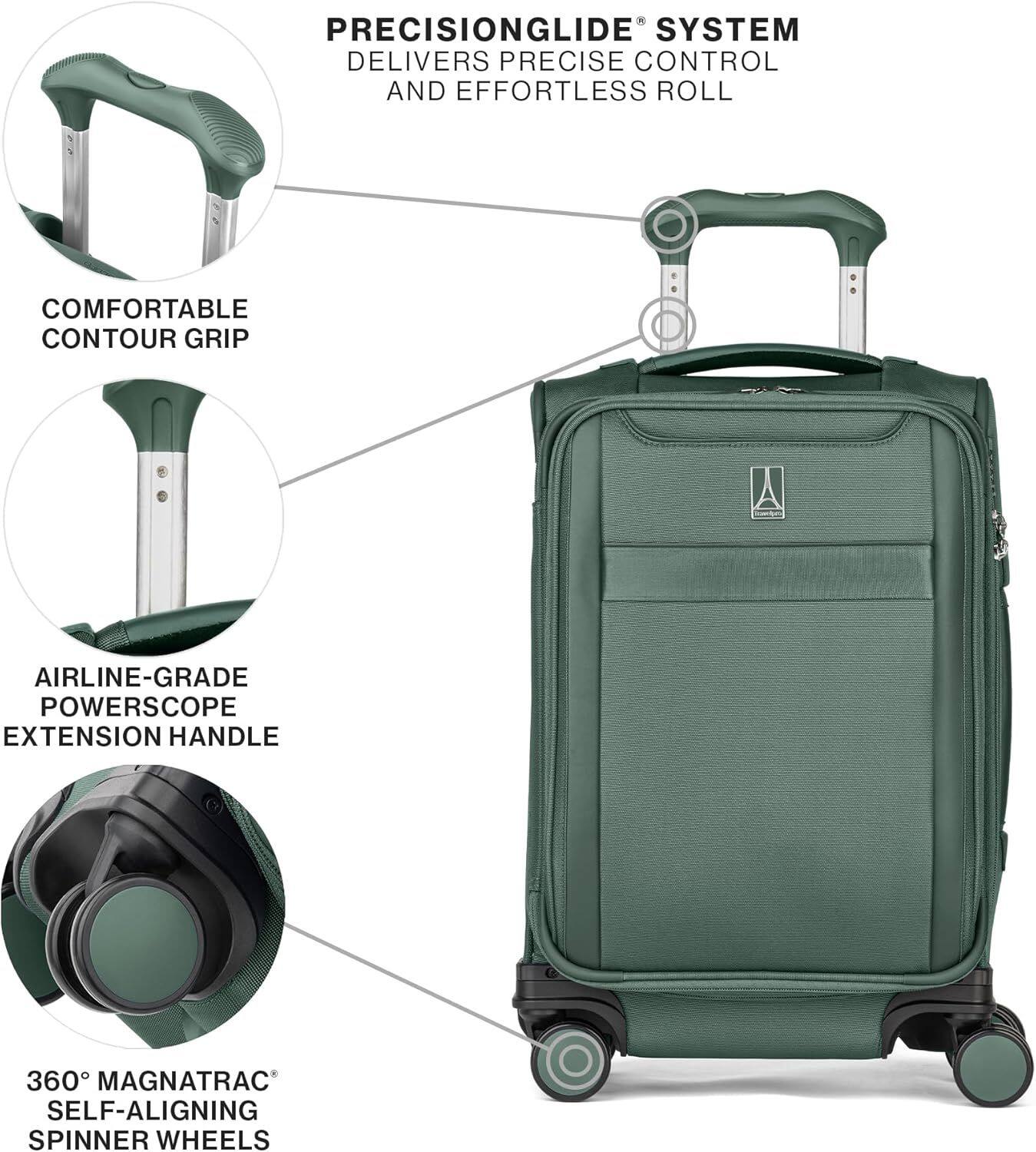 PRECISIONGLIDE SYSTEM DELIVERS PRECISE CONTROL AND EFFORTLESS ROLL

COMFORTABLE CONTOUR GRIP

AIRLINE-GRADE POWERSCOPE EXTENSION HANDLE

360° MAGNATRAC SELF-ALIGNING SPINNER WHEELS