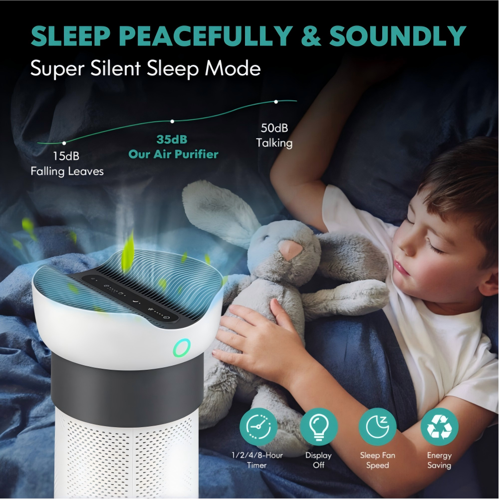 SLEEP PEACEFULLY & SOUNDLY  
Super Silent Sleep Mode  

15dB Falling Leaves  
35dB Our Air Purifier  
50dB Talking  

1/2/4/8-Hour Display Timer Off  
Sleep Fan Speed  
Energy Saving