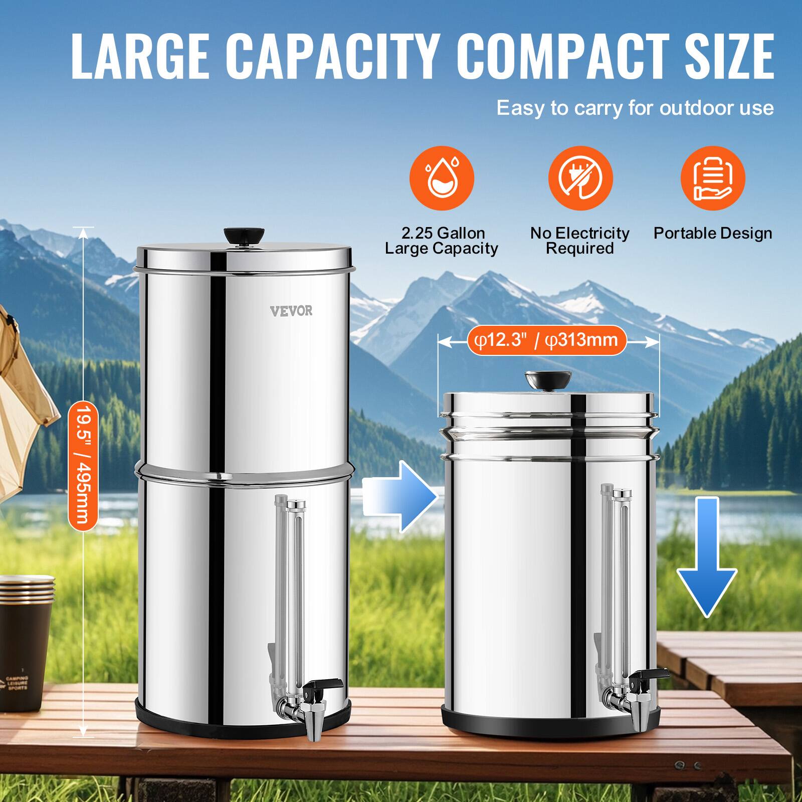 LARGE CAPACITY COMPACT SIZE  
Easy to carry for outdoor use  

2.25 Gallon Large Capacity  
No Electricity Required  
Portable Design  

12.3" / 313mm  
19.5" / 495mm  

VEVOR
