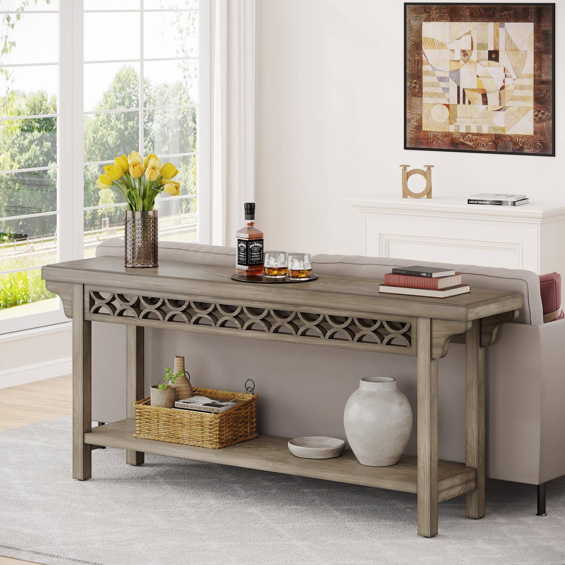 Back. Tribesigns - 70.8-Inch Solid Wood Long Console Table, Farmhouse Entryway Table with Storage, Narrow Sofa Table Grey Couch Table for L - Grey.