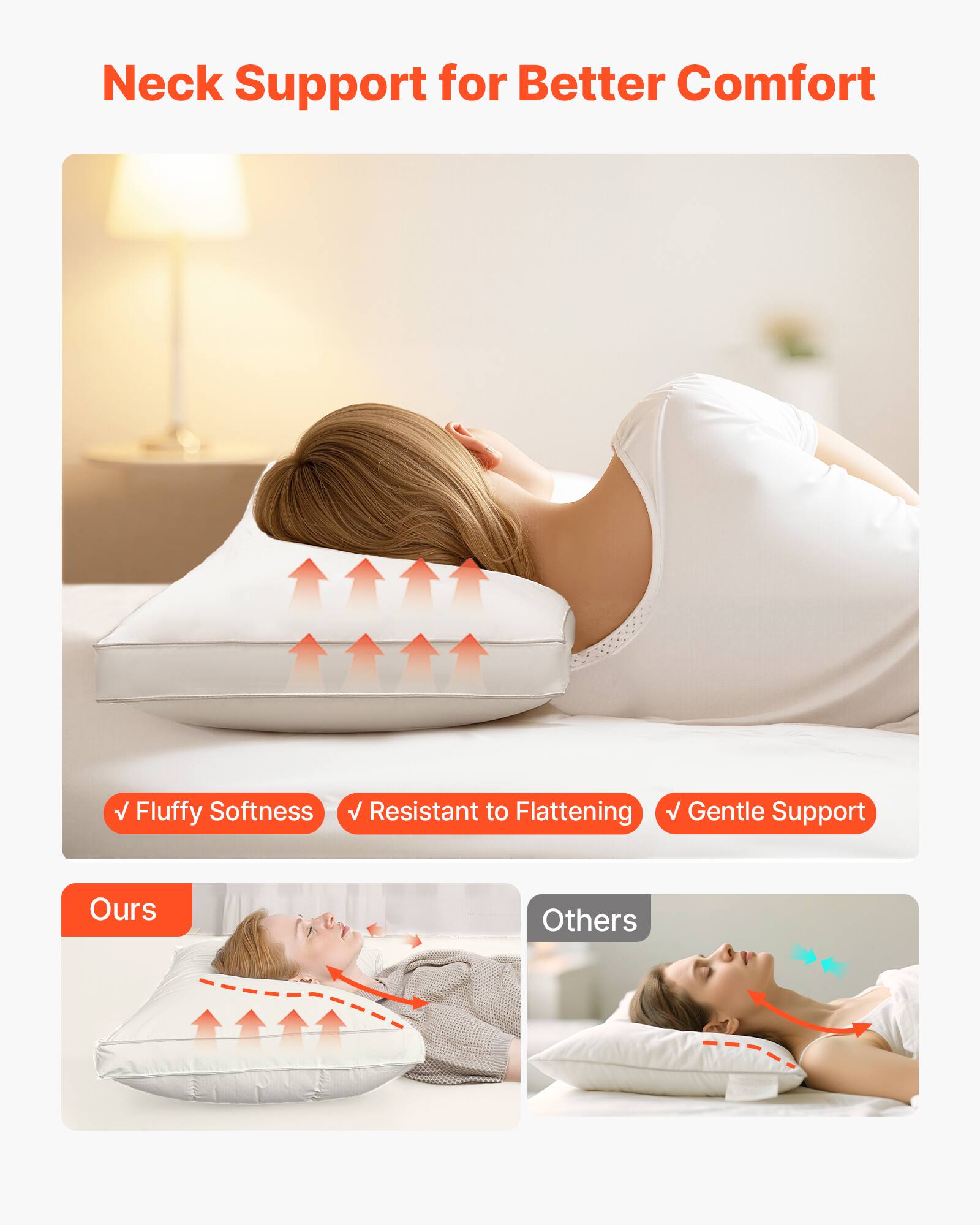 Neck Support for Better Comfort

- Fluffy Softness
- Resistant to Flattening
- Gentle Support

Ours

Others
