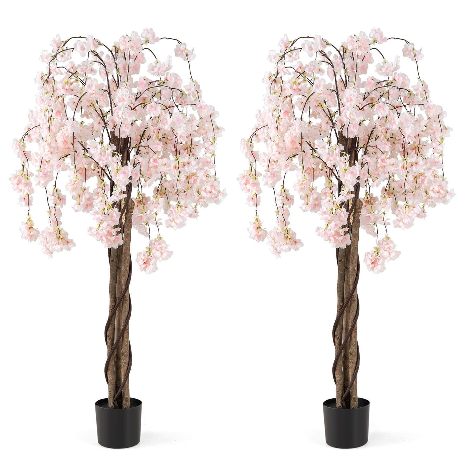 Costway - 2 Pack 5.5 FT Tall Artificial Cherry Blossom Tree with Pink Flowers Decoration - White