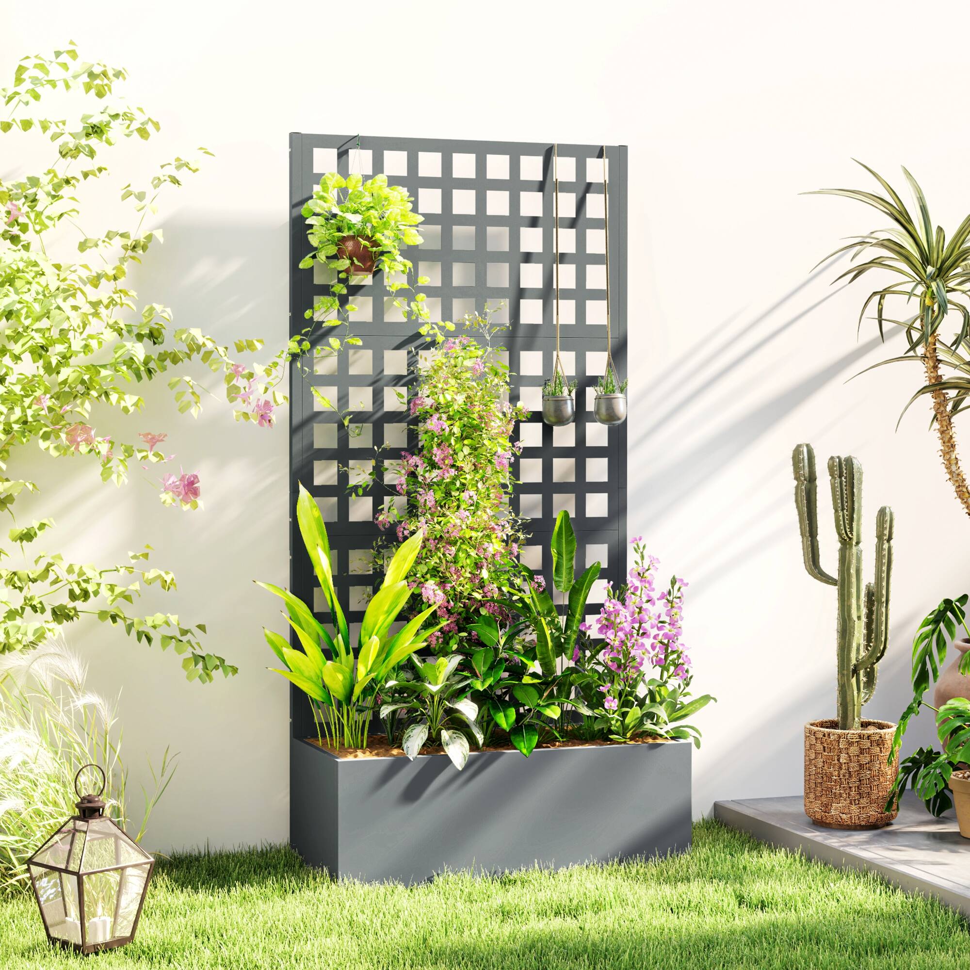 Alt View 1. Outsunny - Raised Garden Bed Planter Box with Trellis for Climbing Plants, Vegetable, Vines - Gray.