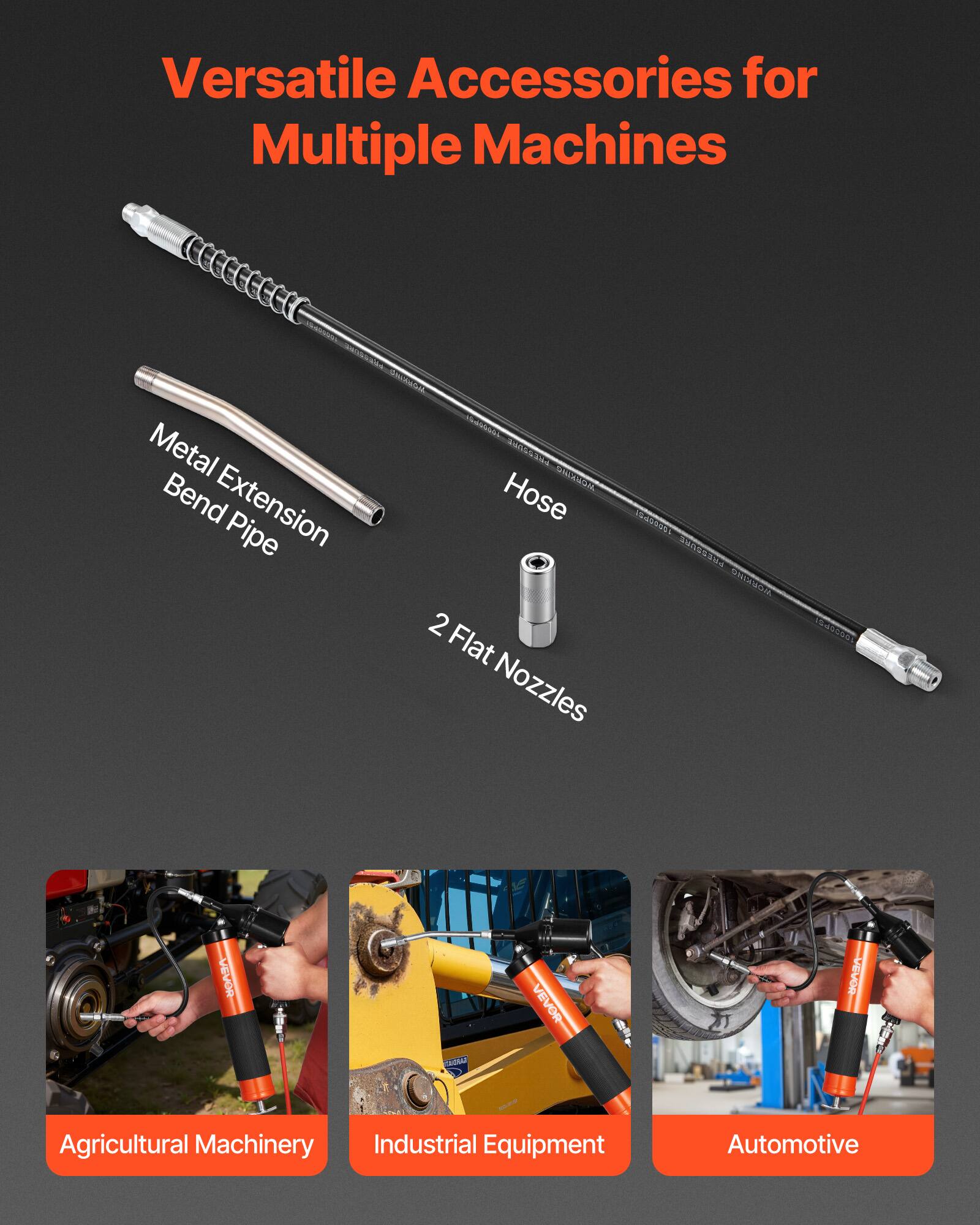 Versatile Accessories for Multiple Machines

- Metal Extension Bend Pipe
- Hose
- 2 Flat Nozzles

Agricultural Machinery  
Industrial Equipment  
Automotive