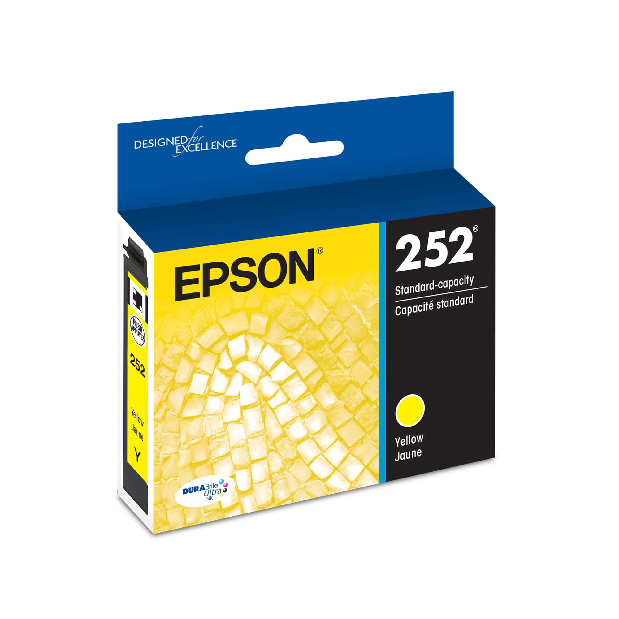 Designed for excellence, Epson 252 is a standard-capacity cartridge with a capacity of 252 pages. It is compatible with Epson printers and comes in a yellow color. The cartridge is designed to provide high-quality printing and is suitable for various printing needs.