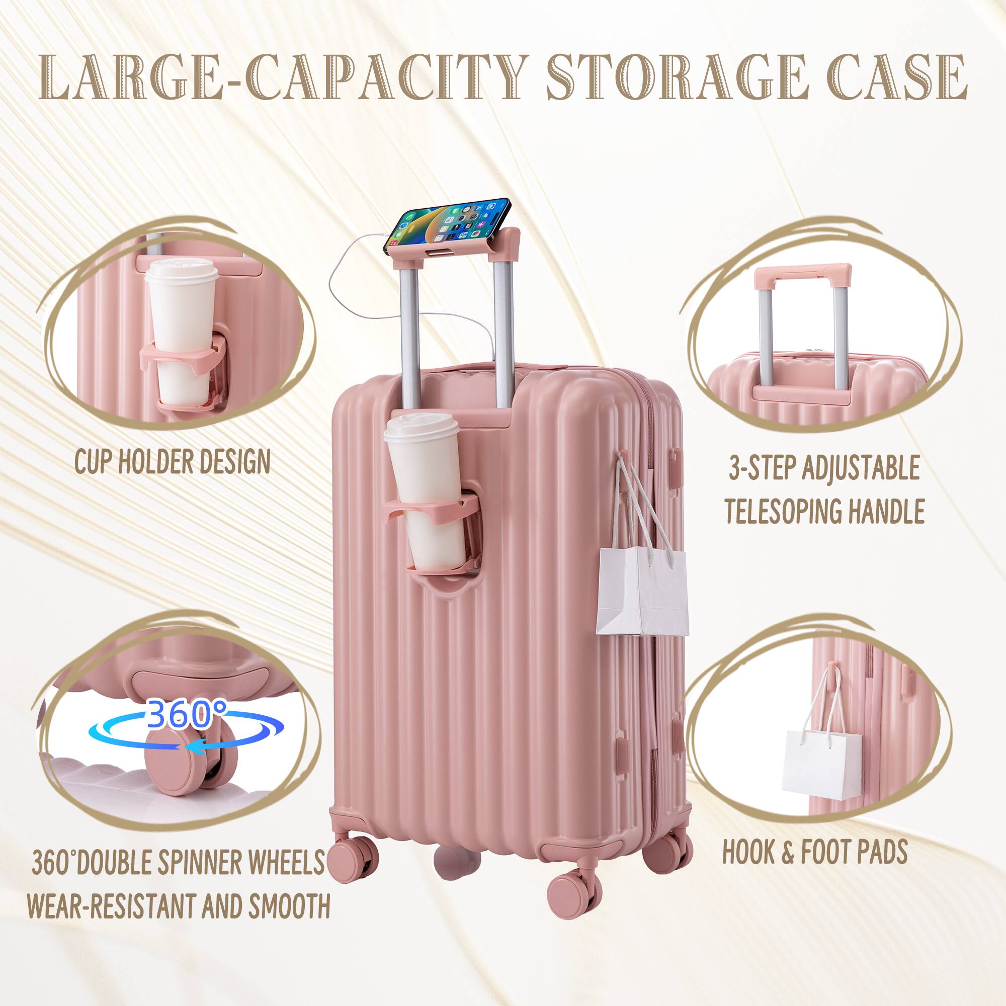 LARGE-CAPACITY STORAGE CASE

- CUP HOLDER DESIGN
- 3-STEP ADJUSTABLE TELESCOPING HANDLE
- 360° DOUBLE SPINNER WHEELS
- WEAR-RESISTANT AND SMOOTH
- HOOK & FOOT PADS