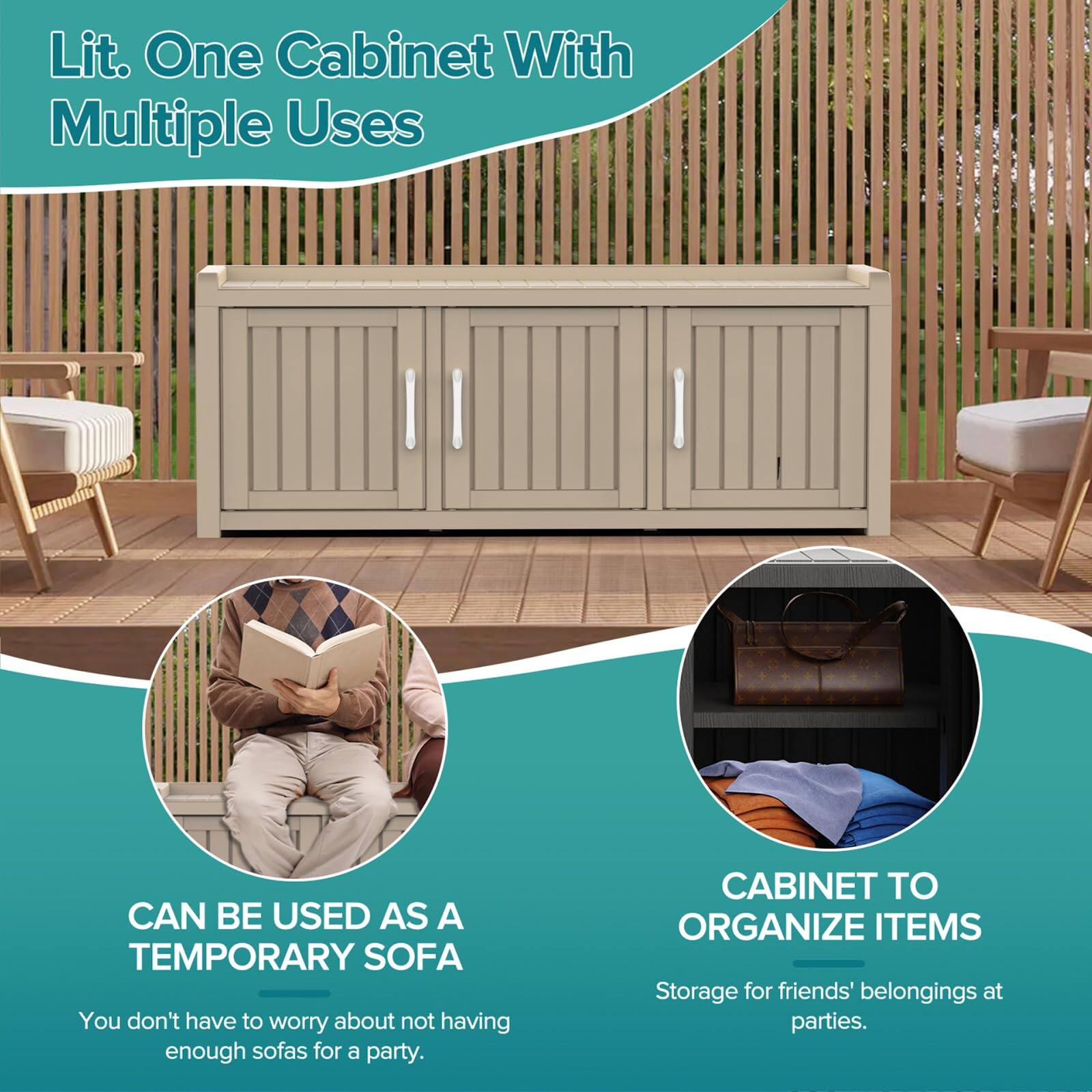 Lit. One Cabinet With Multiple Uses

- CAN BE USED AS A TEMPORARY SOFA
  You don't have to worry about not having enough sofas for a party.

- CABINET TO ORGANIZE ITEMS
  Storage for friends' belongings at parties.