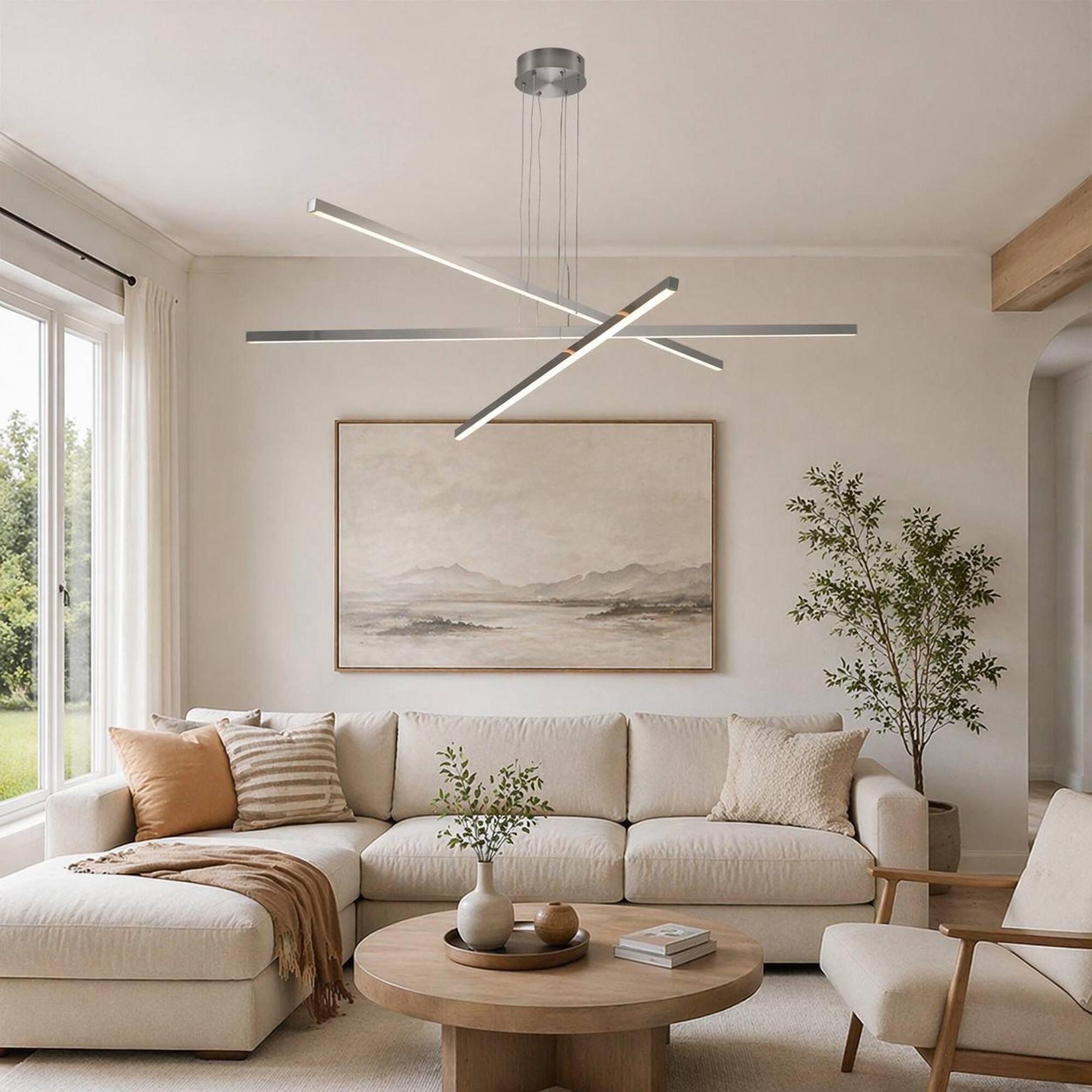 Angle. RYHNUYNE - 48-Inch Modern LED Chandelier with Geometric 3-Arm Frame, Height-Adjustable Suspension and Aluminum-Acrylic Construction.
