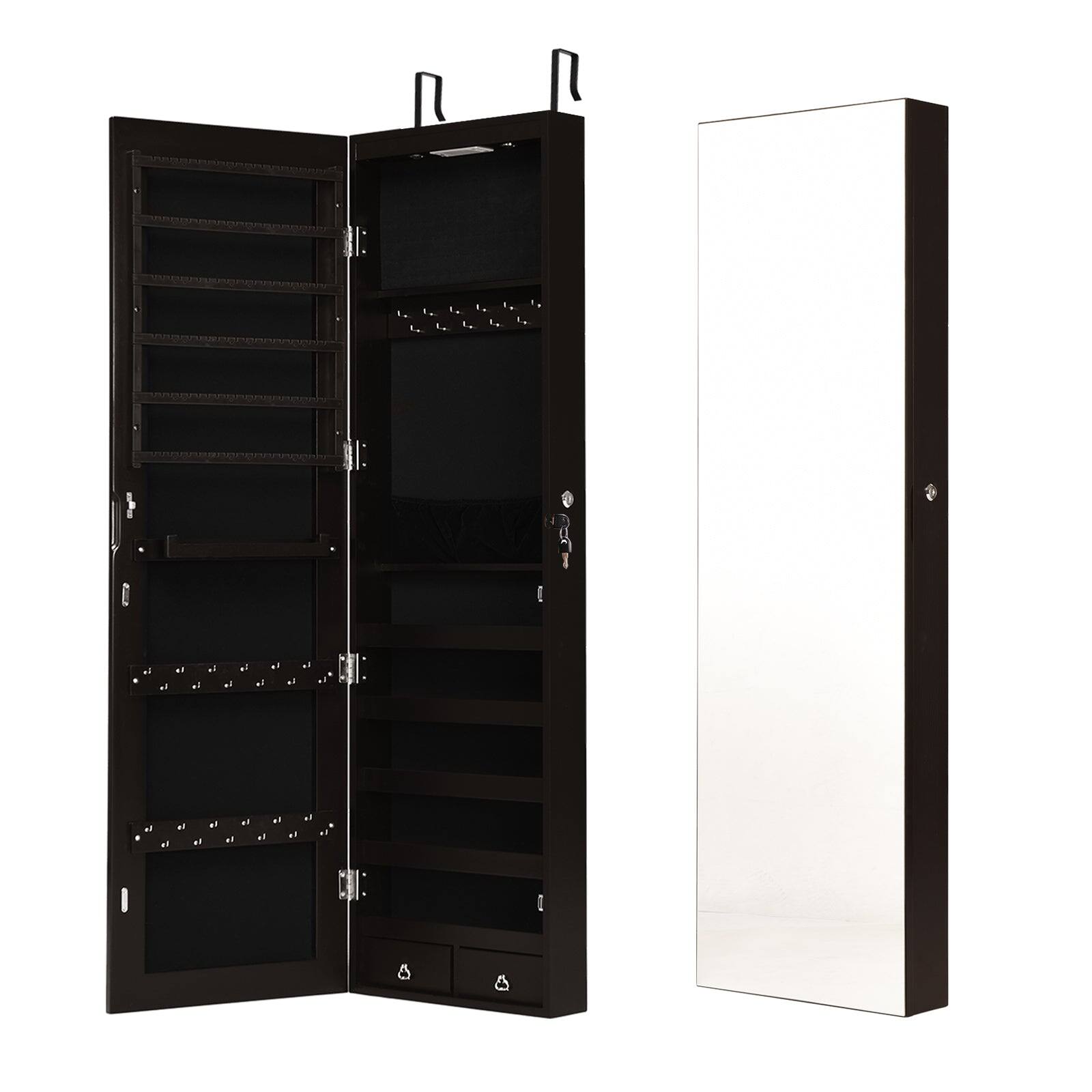 Front. Boyel Living - Wall and Door Mounted Mirrored Jewelry Cabinet with Lights in Black - Black.