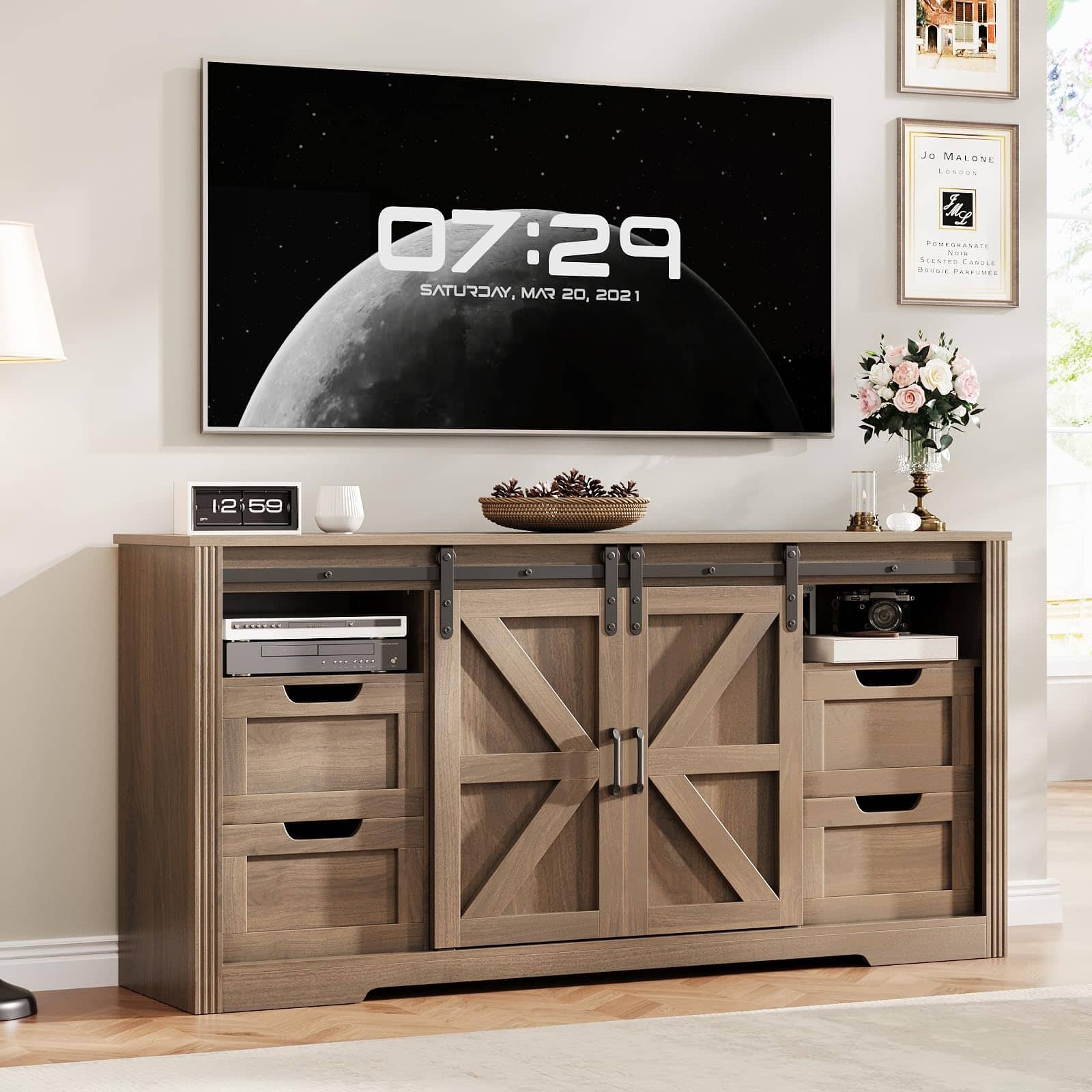 Qeetex - 66" Farmhouse TV Stand for 70" TVs, Entertainment Center with Sliding Barn Door, 4 Drawers & Adjustable Shelves - Brown