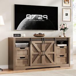 Qeetex - 66" Farmhouse TV Stand for 70" TVs, Entertainment Center with Sliding Barn Door, 4 Drawers & Adjustable Shelves - Brown