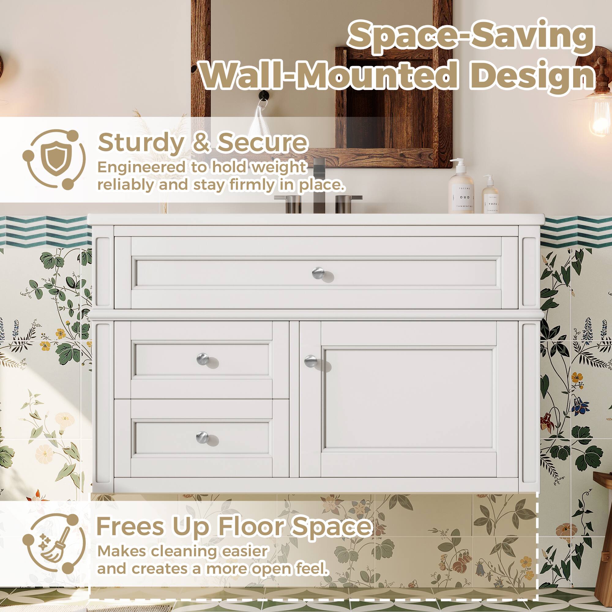 Space-Saving Wall-Mounted Design  
Sturdy & Secure  
Engineered to hold weight reliably and stay firmly in place.  
Frees Up Floor Space  
Makes cleaning easier and creates a more open feel.
