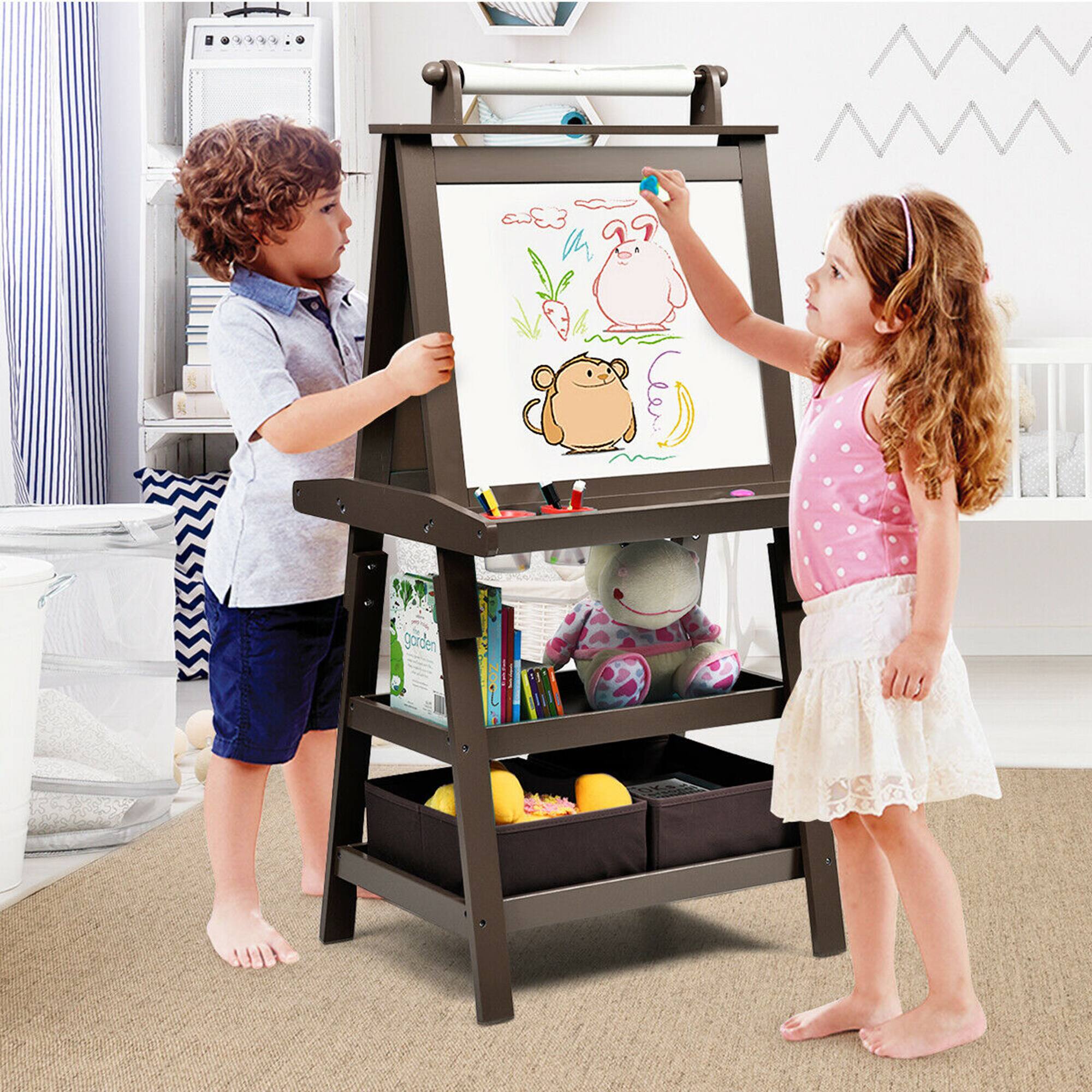 Alt View 2. Gymax - Gymax 3 in 1 Double-Sided Storage Art Easel w/ Paint Cups for Toddlers Writing Coffee - Coffee.
