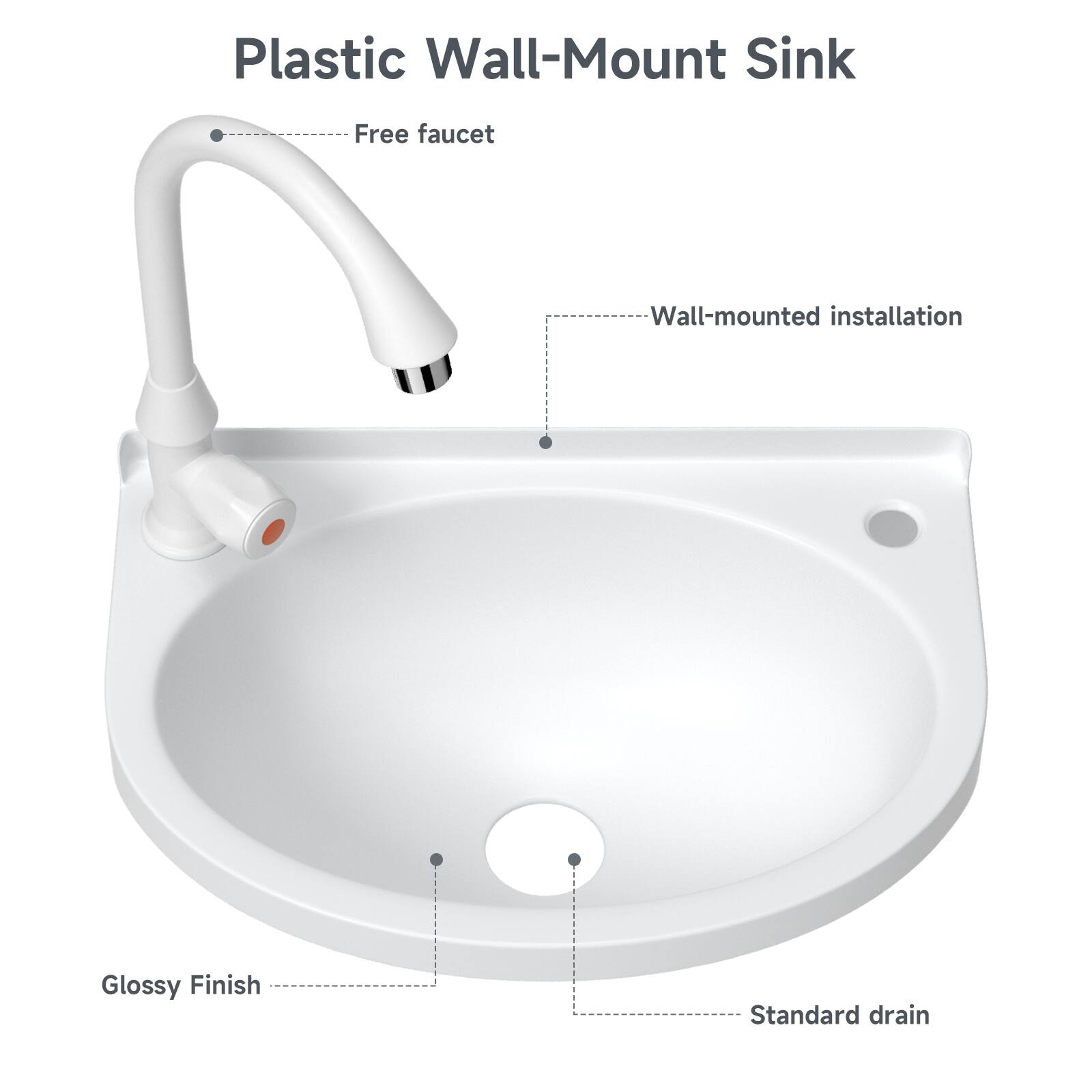 Plastic Wall-Mount Sink  
- Free faucet  
- Wall-mounted installation  
- Glossy Finish  
- Standard drain