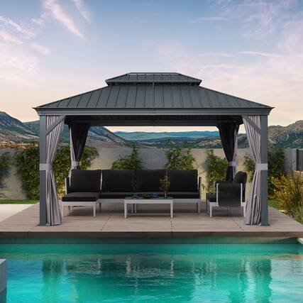 Front. PURPLE LEAF - 11' X 14' Permanent Hardtop Aluminum Gazebo with Double Roof for Patio Lawn and Garden, Curtains and Netting Included - 11' x 14'.