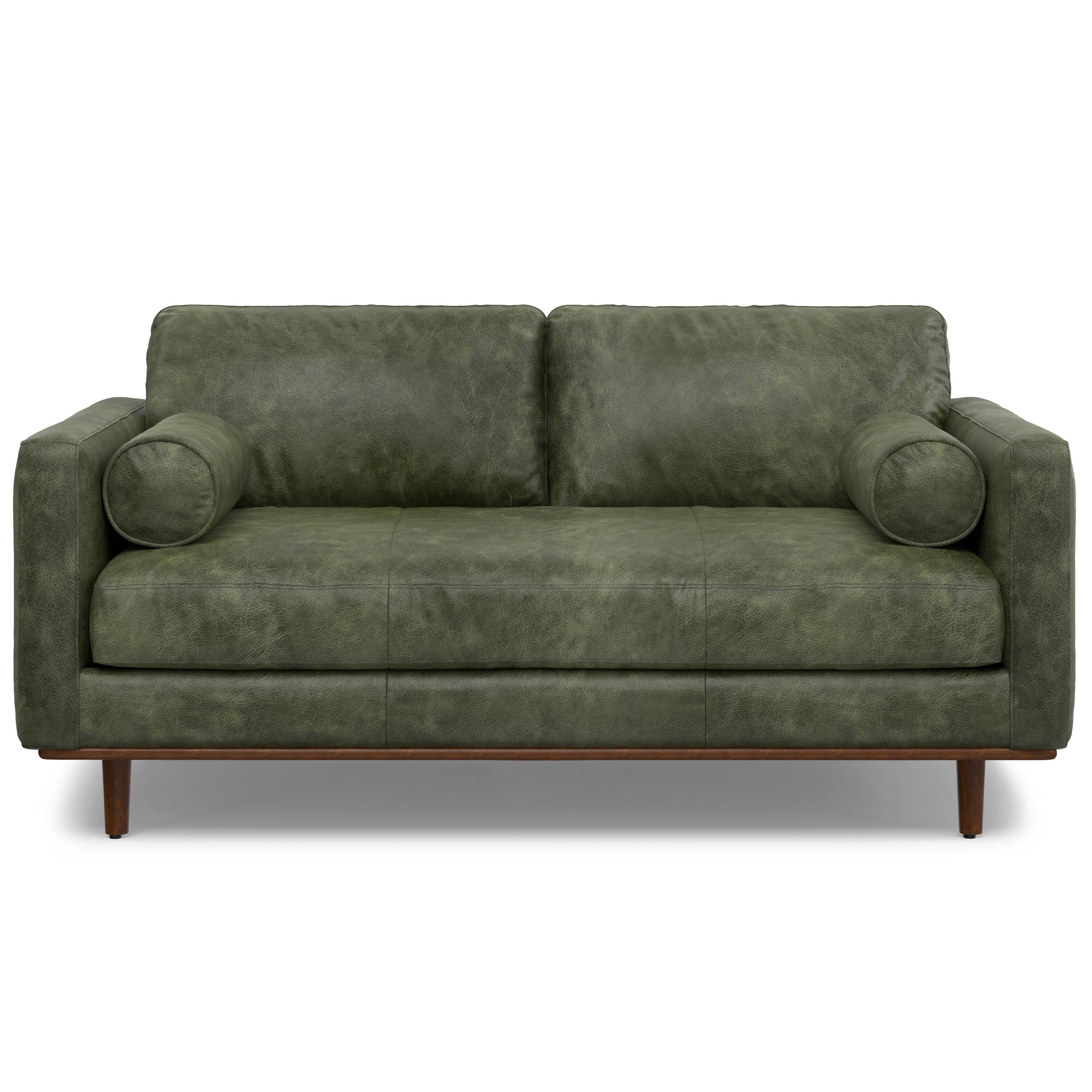 Front. Simpli Home - Morrison 72-inch Mid-Century Modern Sofa in Moss Green Genuine Leather - Moss Green.