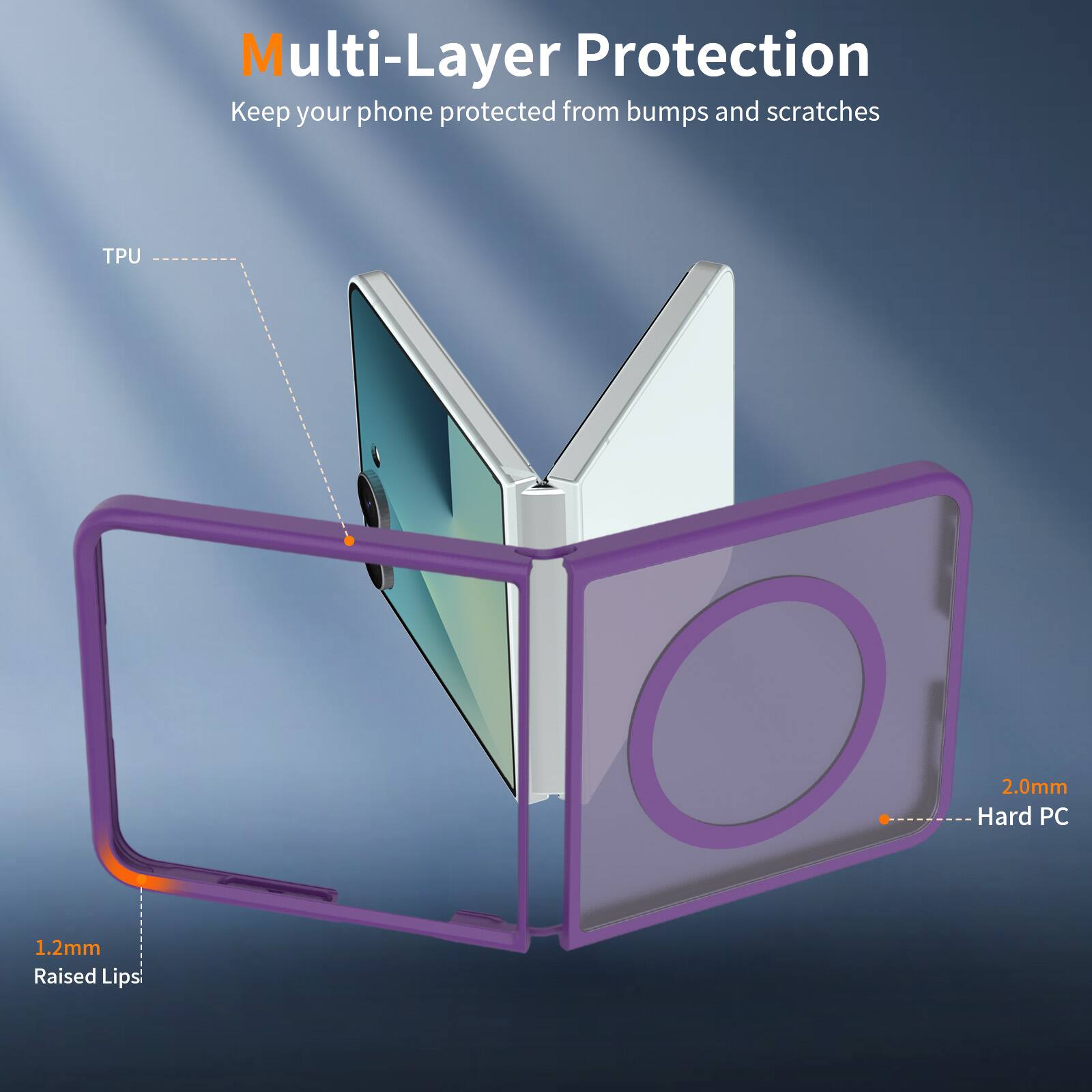 Multi-Layer Protection  
Keep your phone protected from bumps and scratches  
TPU 2.0mm  
Hard PC 1.2mm  
Raised Lips