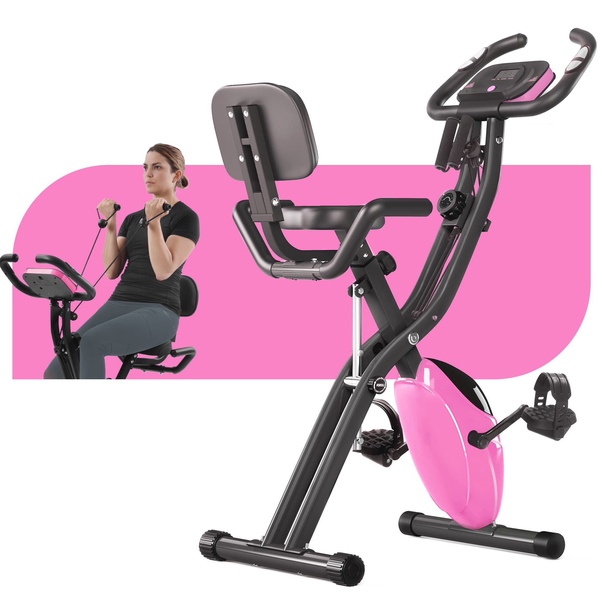 Left. Lycvki - Folding Exercise Bike Fitness Upright and Recumbent X Bike with 16 Level Adjustable Resistance Arm Bands and Backrest - pink.