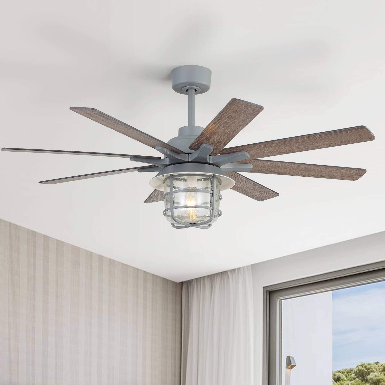 Alt View 2. Sofucor - Farmhouse Plywood Blades Ceiling Fans with Lights and Remote Quiet With Glass Lampshade for Bedroom Living Room - Cement Grey.