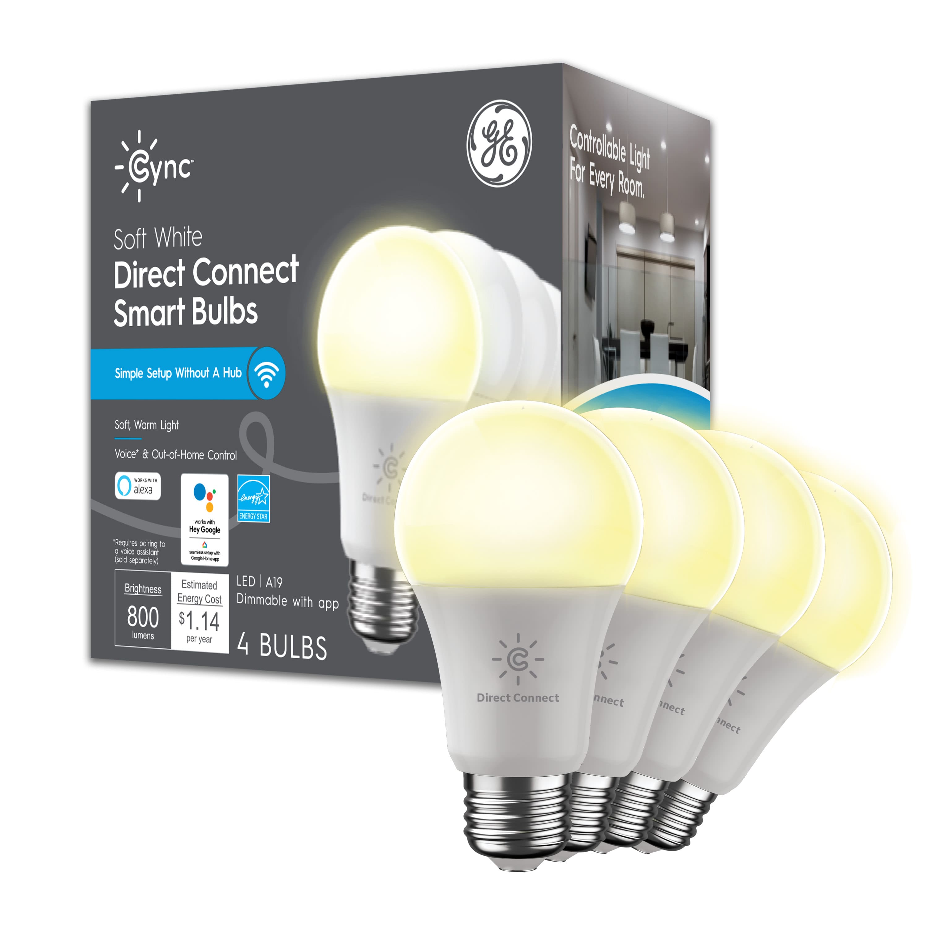 Cync Soft White Direct Connect Smart Bulbs are a great option for every room in your home. They offer simple setup without a hub and can be controlled with voice commands from Alexa or Google Home. The bulbs are estimated to have 800 lumens of brightness and are energy-efficient, making them a cost-effective choice. They are also dimmable and can be controlled remotely through an app. The box contains four bulbs, each with a rated lifespan of 25,000 hours.