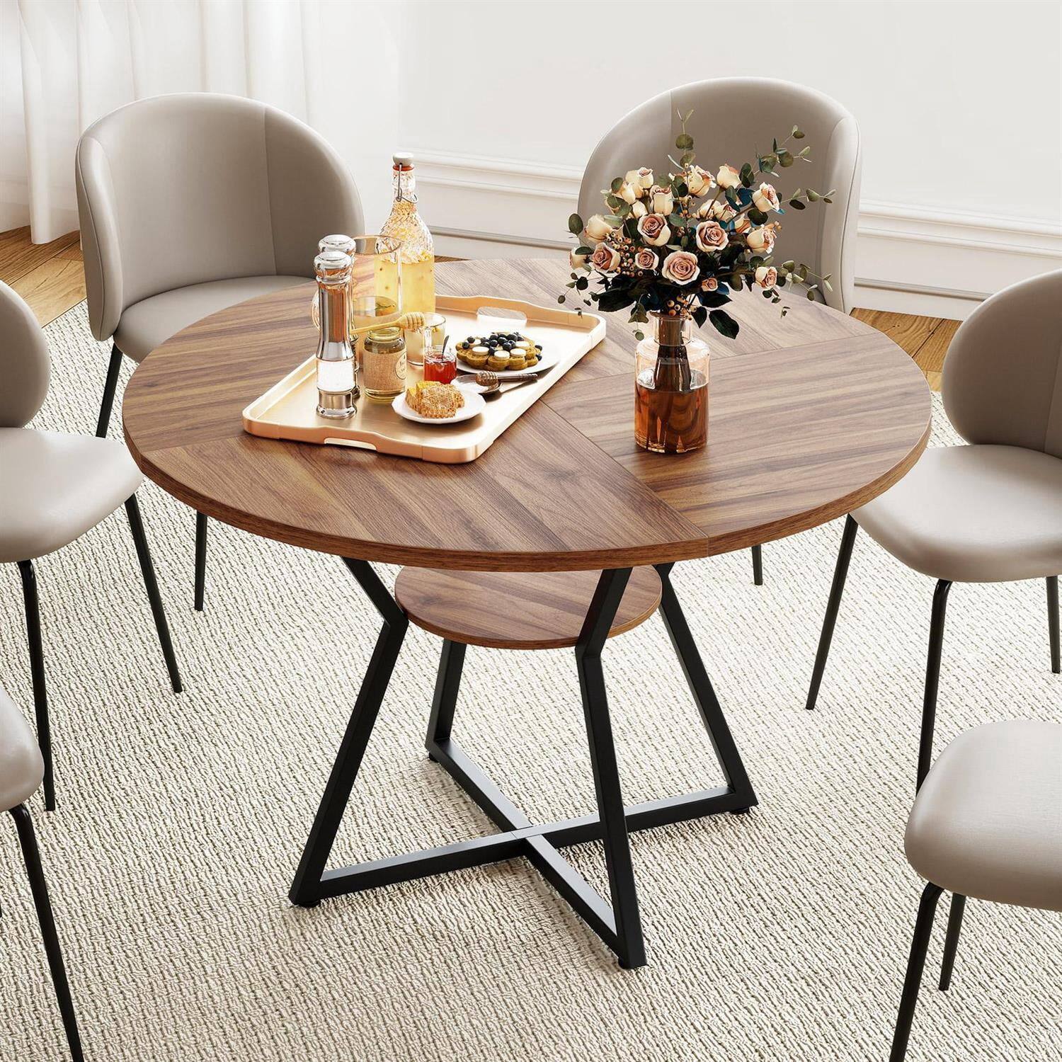 Angle. Pefilos - 47" Round Dining Table for 4 with Storage Shelf, Large Kitchen Table for Dining Room Living Room Restaurant, Sturdy Base - Brown.