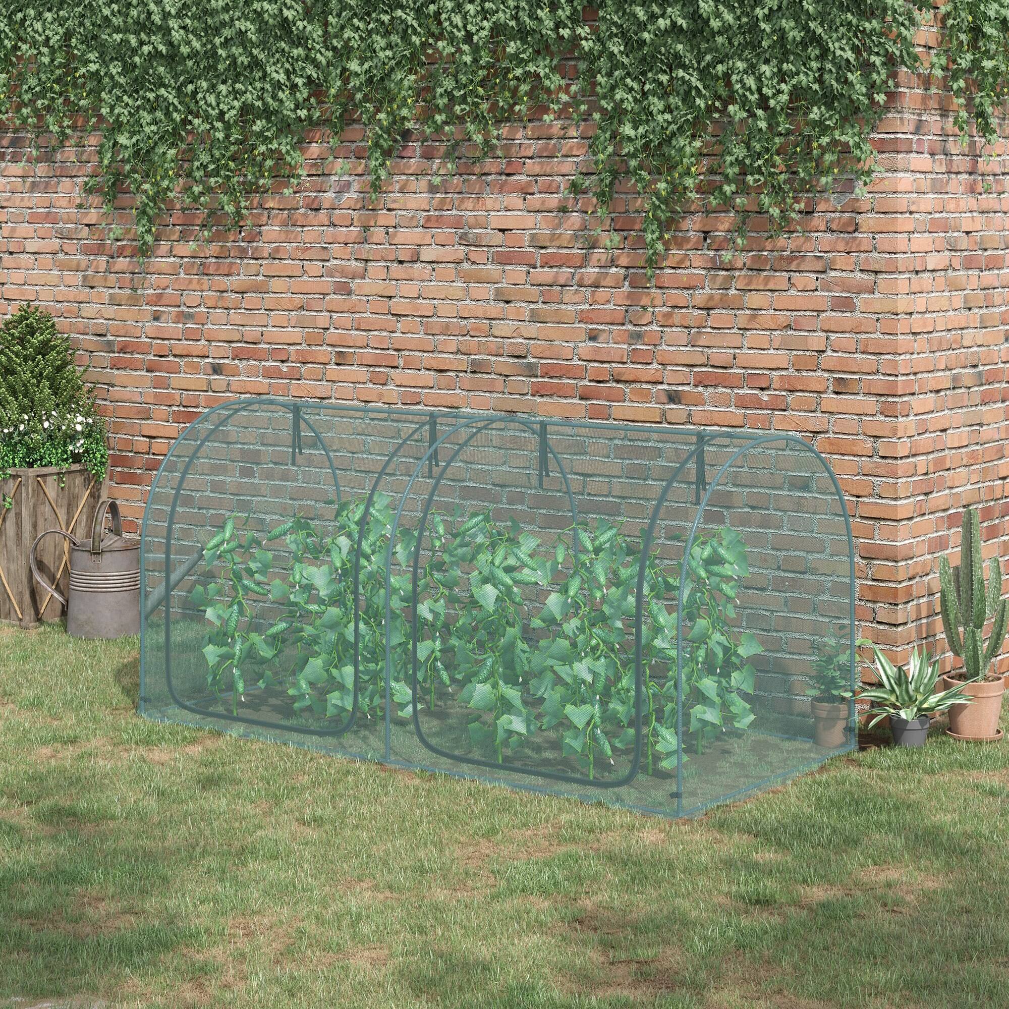 Alt View 1. Outsunny - 8' x 4' Crop Cage, Plant Protection Tent with Two Zippered Doors, Storage Bag and 4 Ground Stakes - Green.