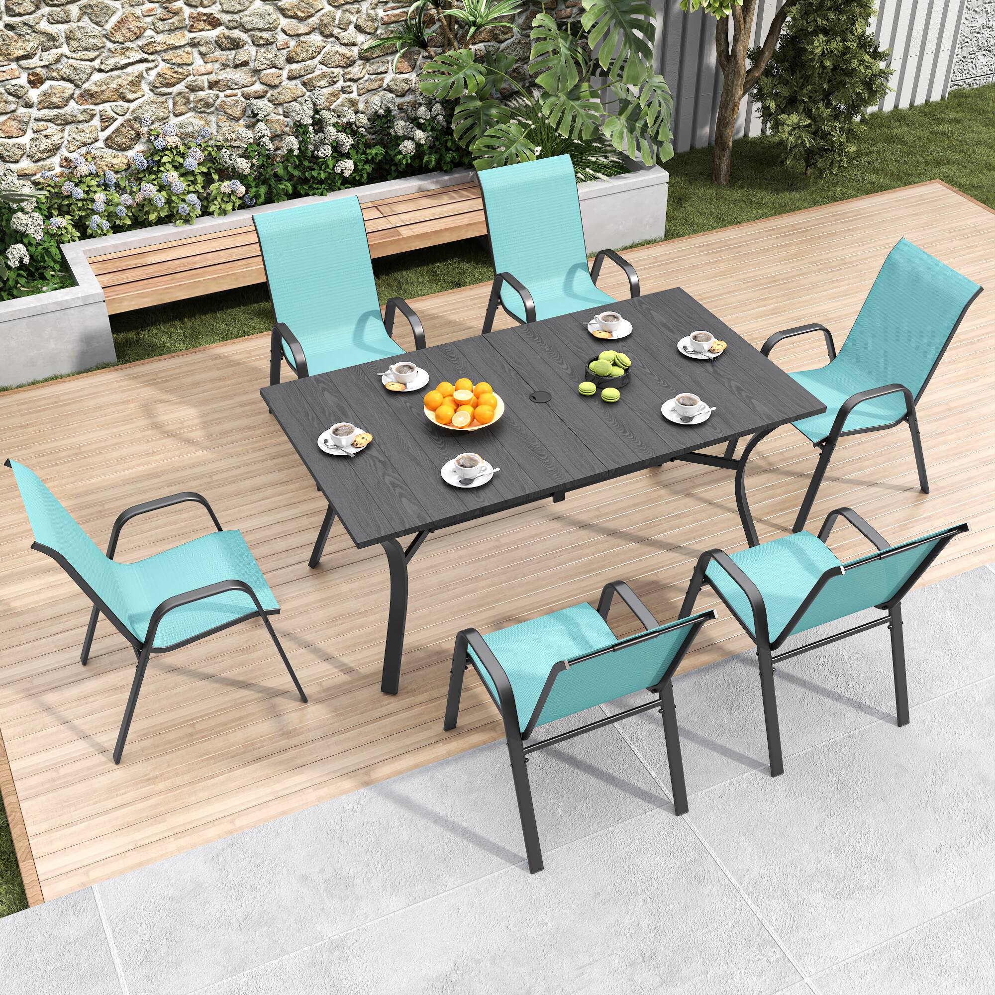 Left. Mondawe - 6-Piece Outdoor Dining Chairs Set, Teslin Fabric and Metal Frame - Black+Sky Blue.