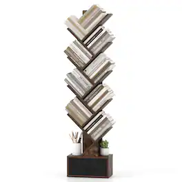 Costway - 10-tier Tree Bookshelf with Drawer Free-standing Storage Bookcase - Rustic Brown