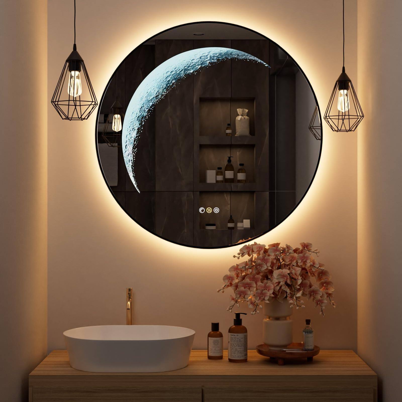 Earthley Blooms - Round Mirror Circle With Backlit Half Moon Light Anti-fog Modes Dimming Wall-mounted Led Mirrors For Rama - Balck Frame-round-30"L x 30"W