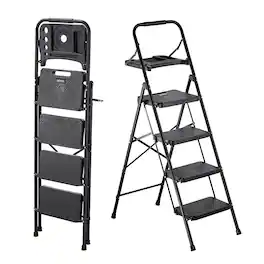 VEVOR - 4 Step Ladder, Folding Step Stool with Wide Anti-Slip Pedal, Tool Tray, Comfort Handgrip, 600 lbs Capacity - Black