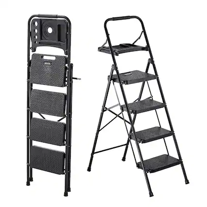 Front. VEVOR - 4 Step Ladder, Folding Step Stool with Wide Anti-Slip Pedal, Tool Tray, Comfort Handgrip, 600 lbs Capacity - Black.