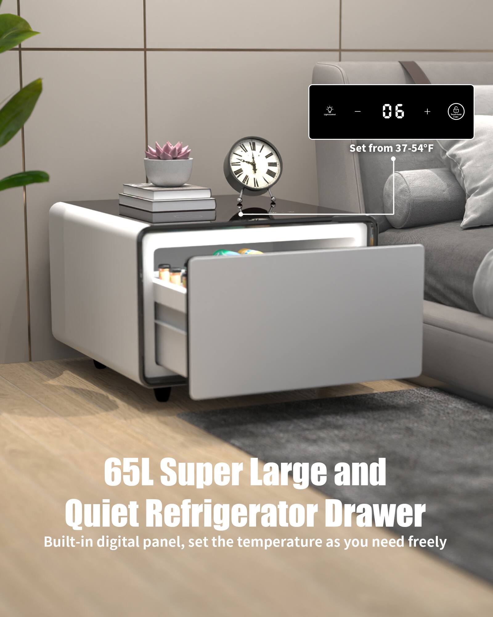 The text on the image reads: "65L Super Large and Quiet Refrigerator Drawer Built-in digital panel, set the temperature as you need freely."