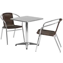 Emma + Oliver - 23.5" Square Aluminum Garden Patio Table Set with 2 Rattan Chairs - Dark Brown