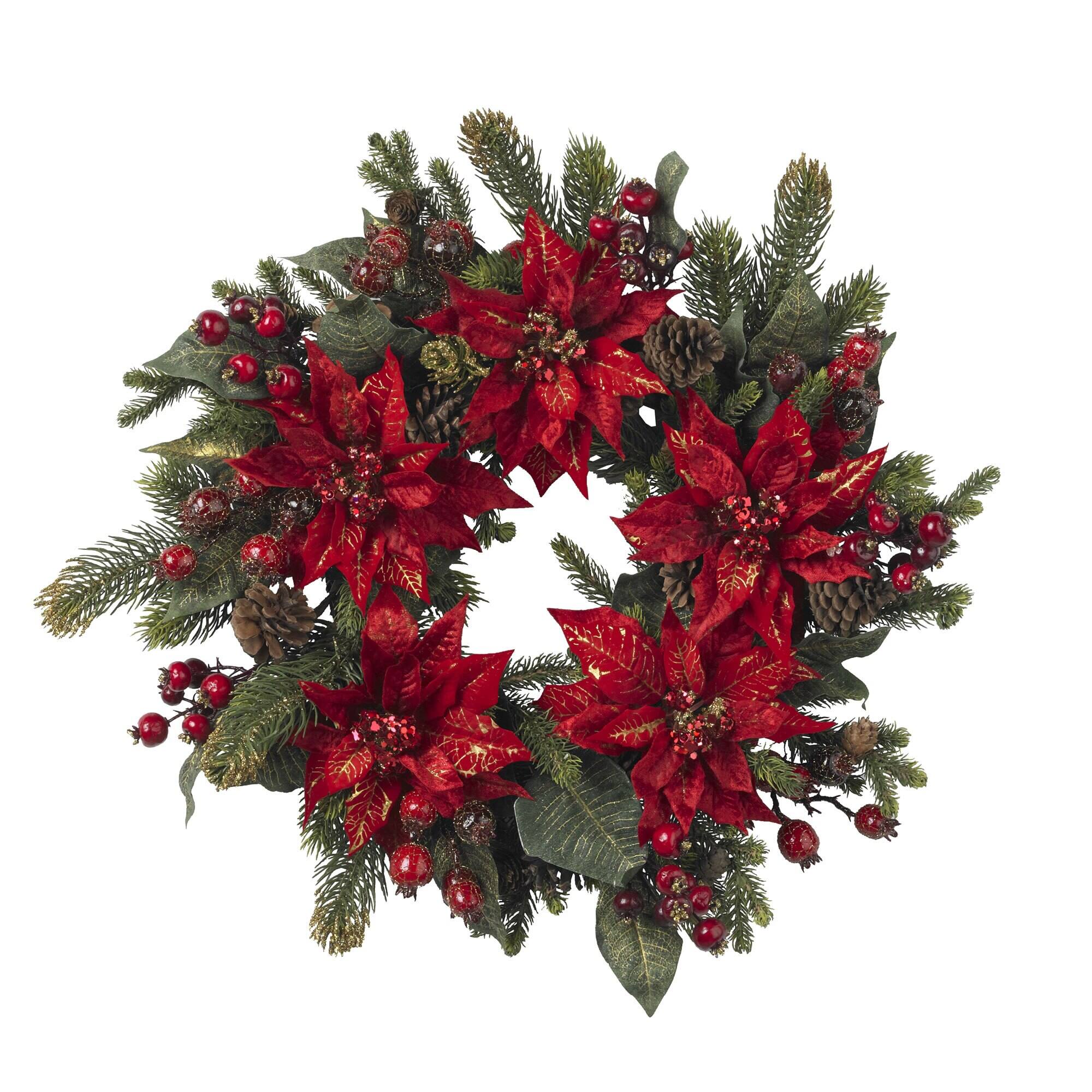 Front. BreeBe - 24" Poinsettia & Berry Wreath - NA.