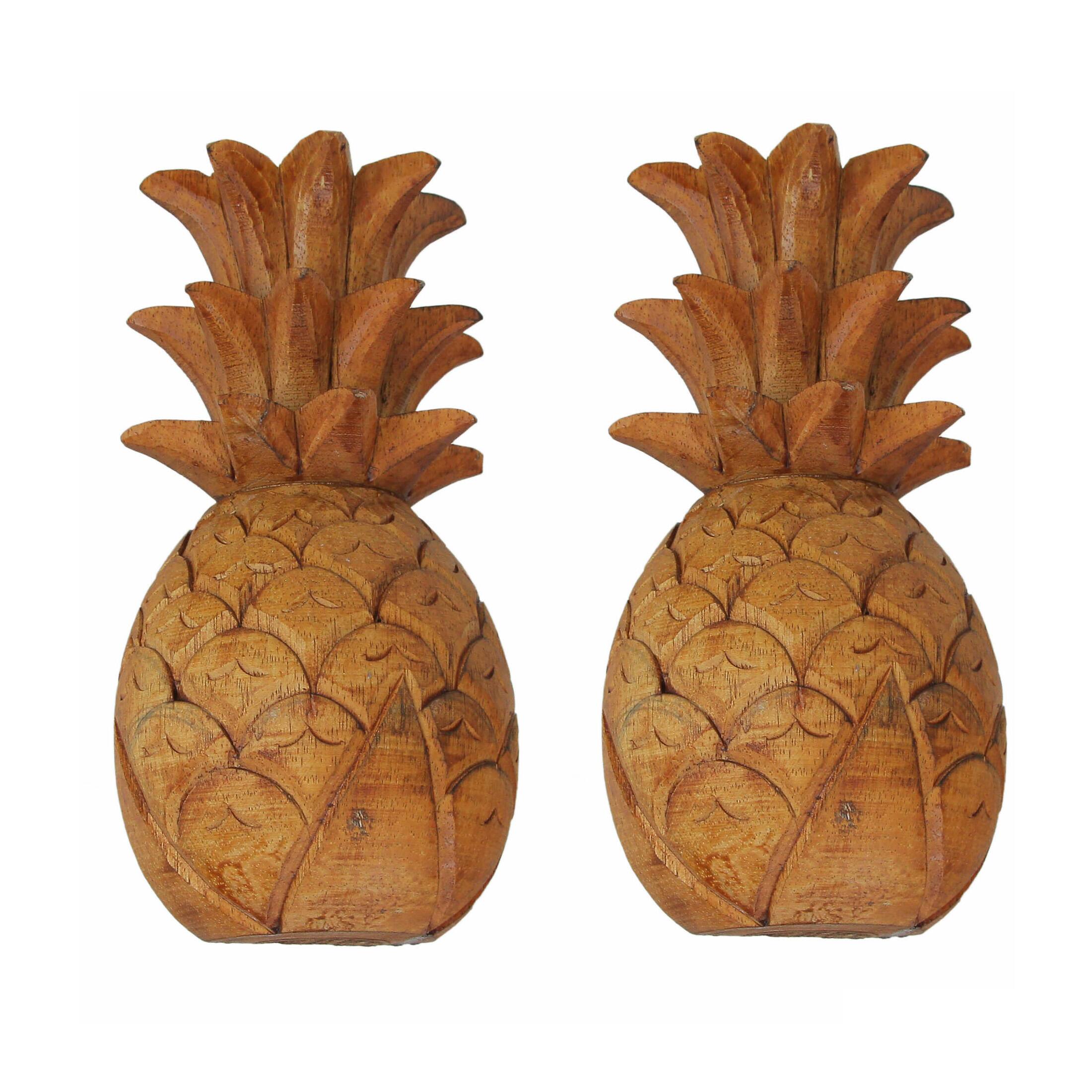 Zeckos - Set of 2 Hand Carved Wooden Pineapple Hanging Wall Art Sculptures Home Decor - Brown