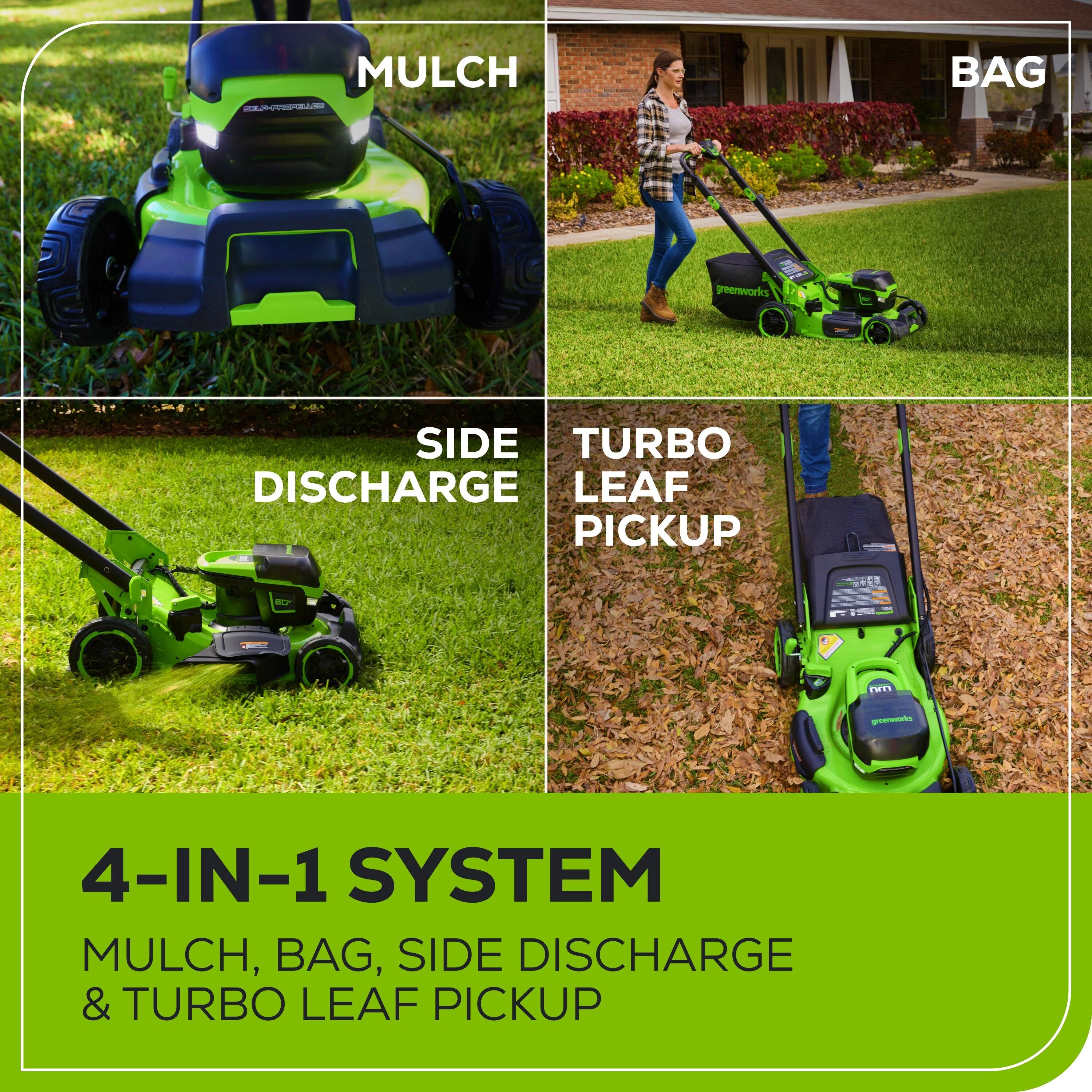 MULCH - BAG SIDE TURBO DISCHARGE LEAF PICKUP: 4-IN-1 SYSTEM MULCH, BAG, SIDE DISCHARGE & TURBO LEAF PICKUP