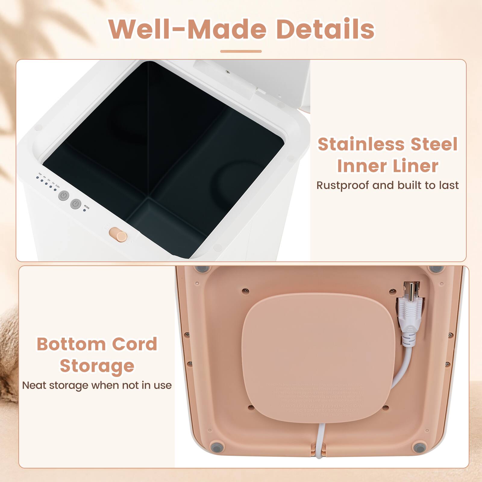 Well-Made Details

Stainless Steel Inner Liner
Rustproof and built to last

Bottom Cord Storage
Neat storage when not in use