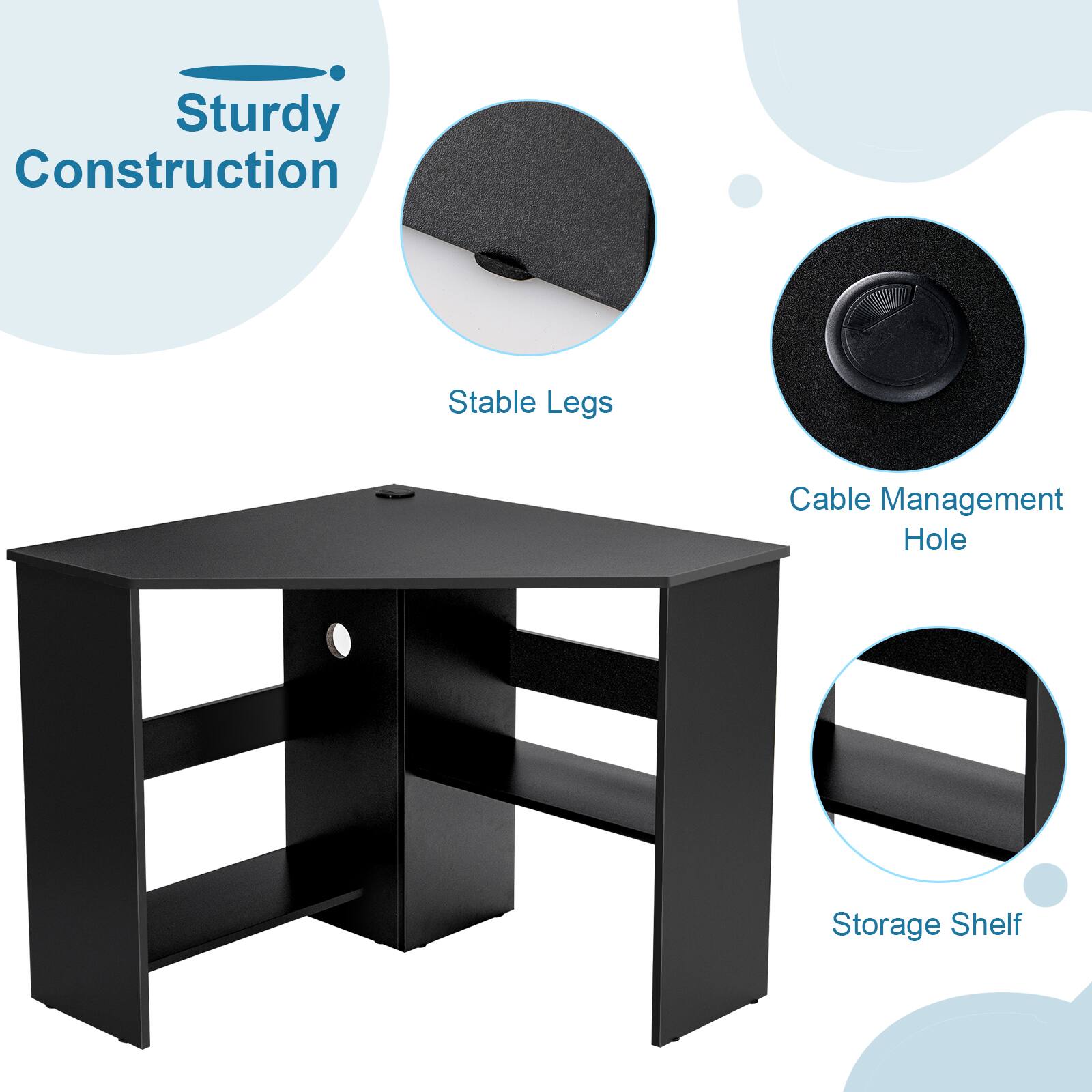 Sturdy Construction: Stable Legs, Cable Management Hole, Storage Shelf