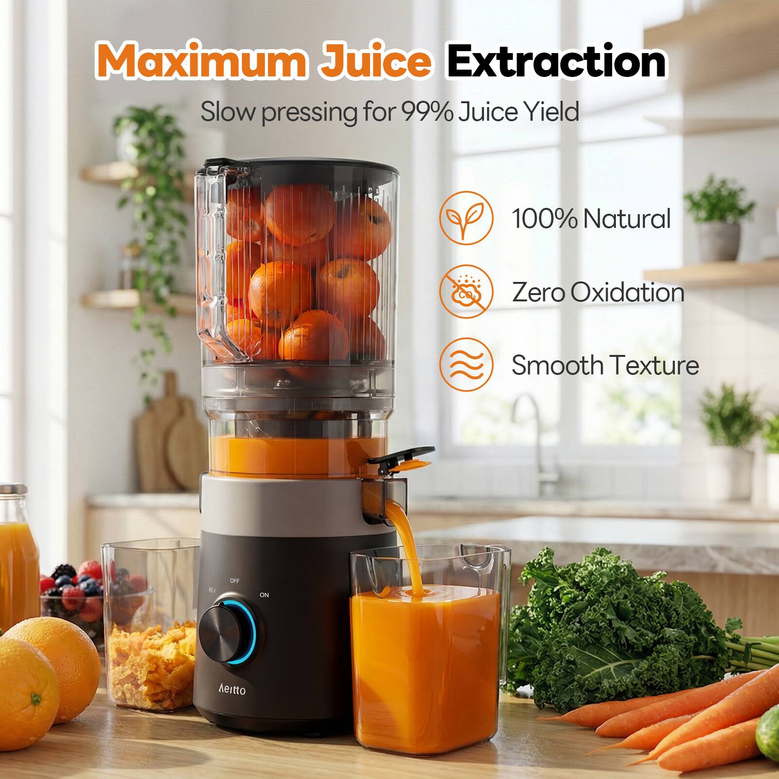 Maximum Juice Extraction  
Slow pressing for 99% Juice Yield  
100% Natural  
Zero Oxidation  
Smooth Texture  

OFF ON  
Aertto
