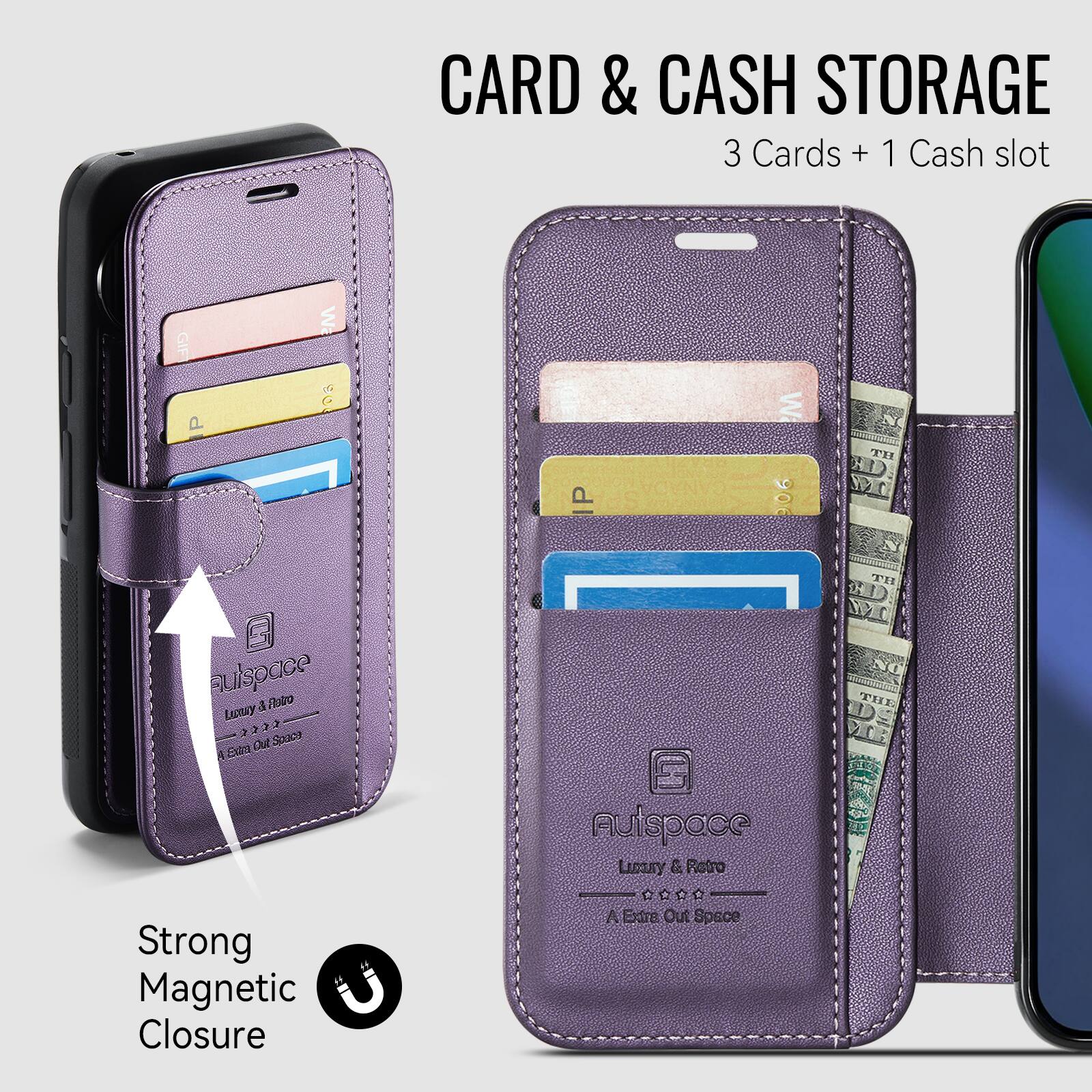 CARD & CASH STORAGE  
3 Cards + 1 Cash slot  

GIF P  
Wa  
Wa  
TH  
TH  
eulspace & Retro Luxury 2 <<< Space Extra Oil  
THE  
nutspace Luxury & Retro  
Strong Magnetic Closure  
**** A Extra Out Space