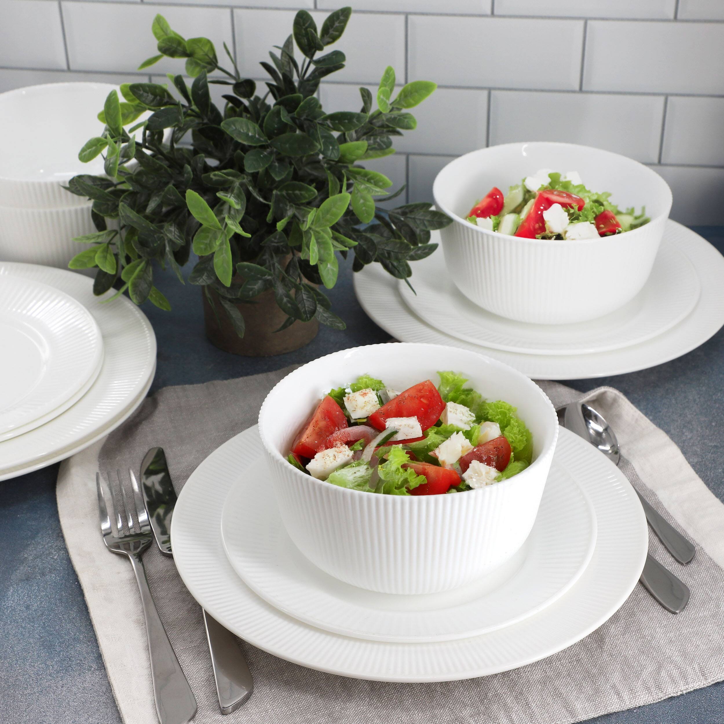 Alt View 6. Gibson - Ultra by Gibson Swanton Stripe 12 Piece Break-Resistant Opal Glass Dinnerware Set in White - White.