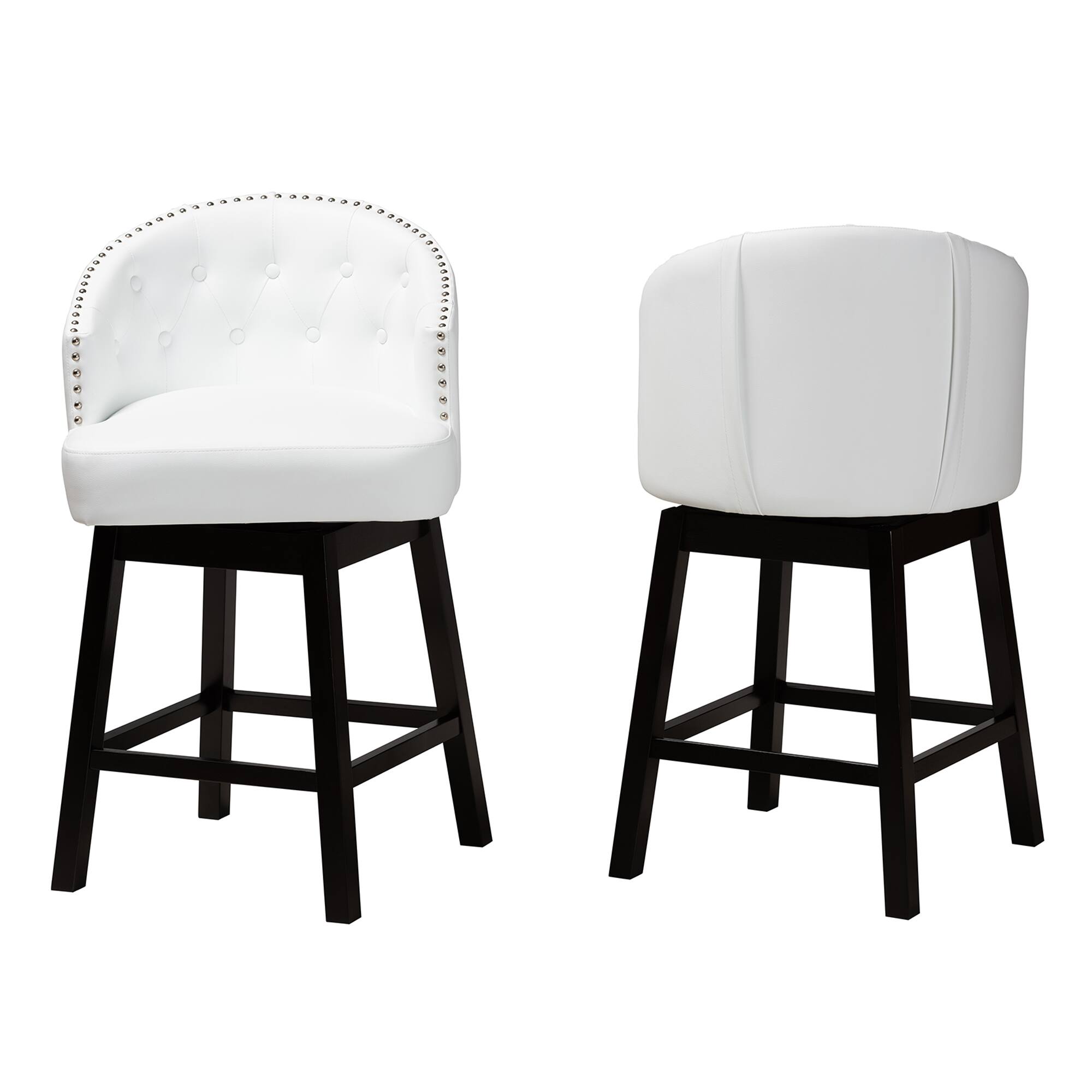 Angle. Baxton Studio - Theron Mid-Century Transitional Faux Leather and Espresso Finished Wood 2-Piece Swivel Counter Stool Set - White/Espresso Brown.