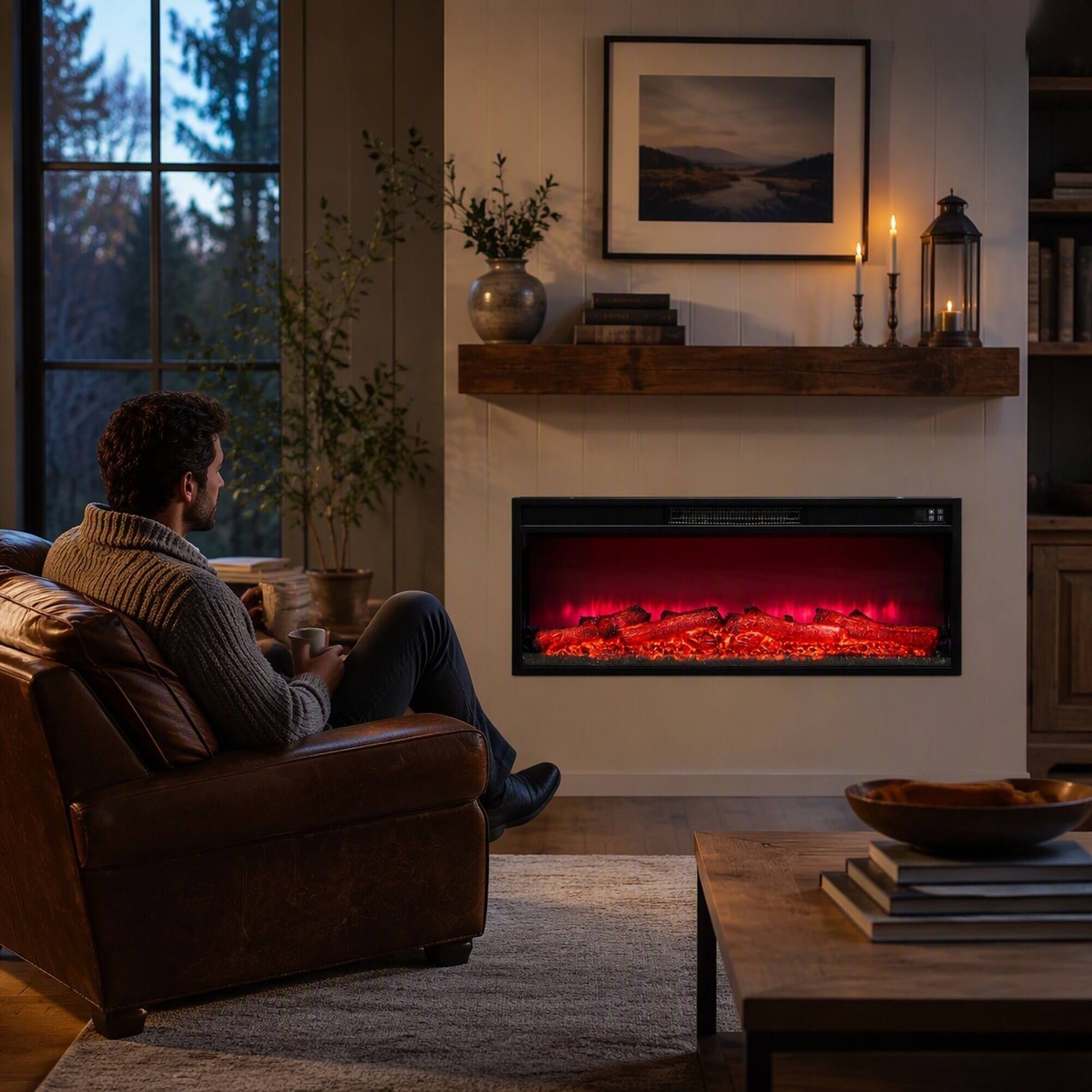 Left. RYHNUYNE - 42-inch Recessed Electric Fireplace Insert with Adjustable Flame Colors, Touch Panel and Remote, 750/1500W Heater - Black.